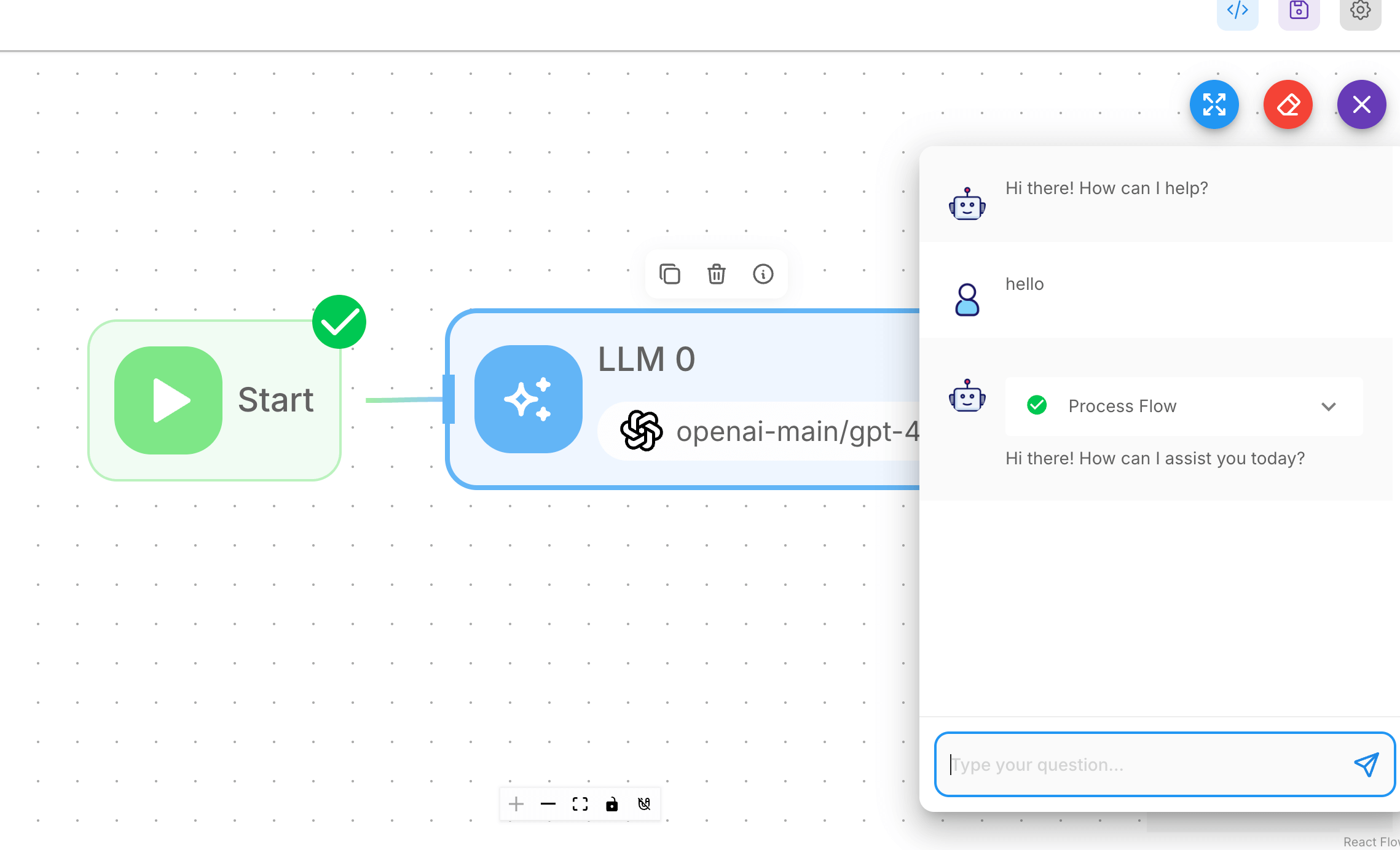 Flowise chat interface showing successful test conversation using TrueFoundry integration