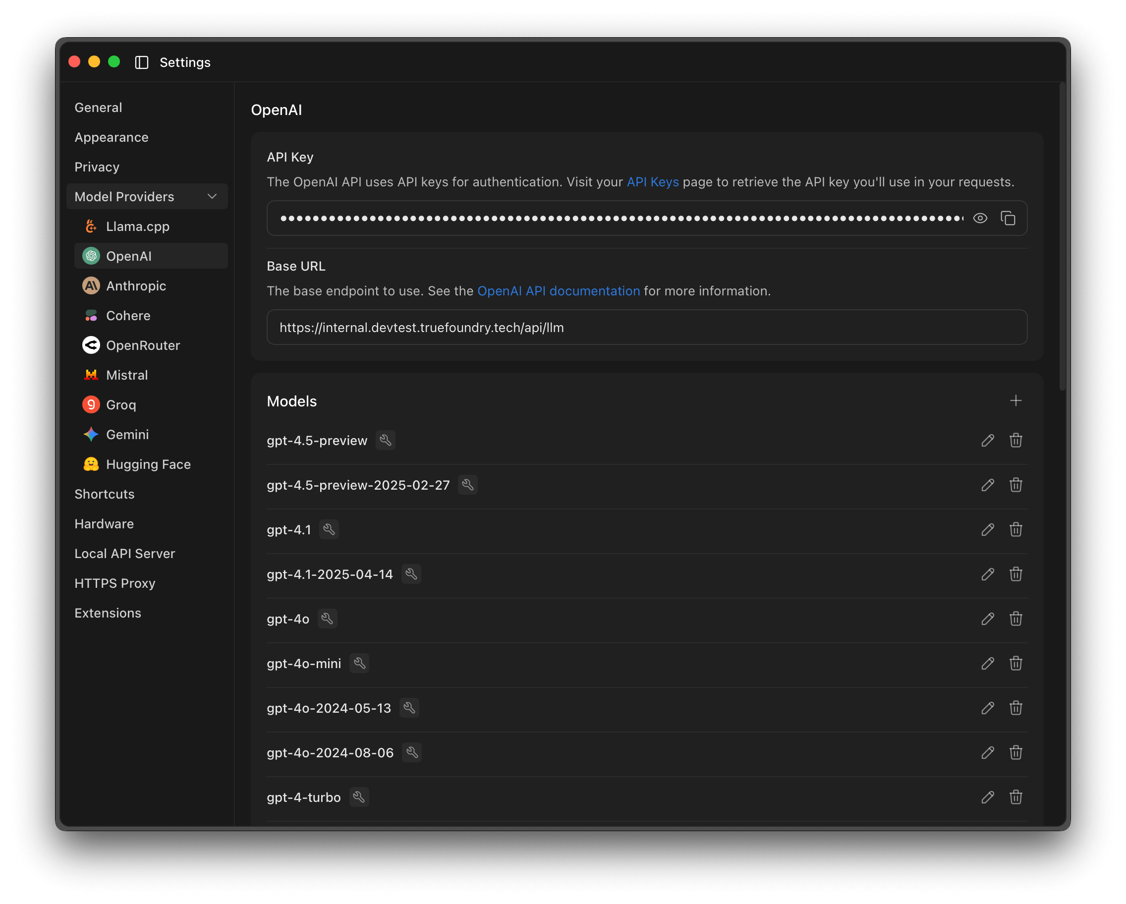 Jan AI settings showing OpenAI provider configuration