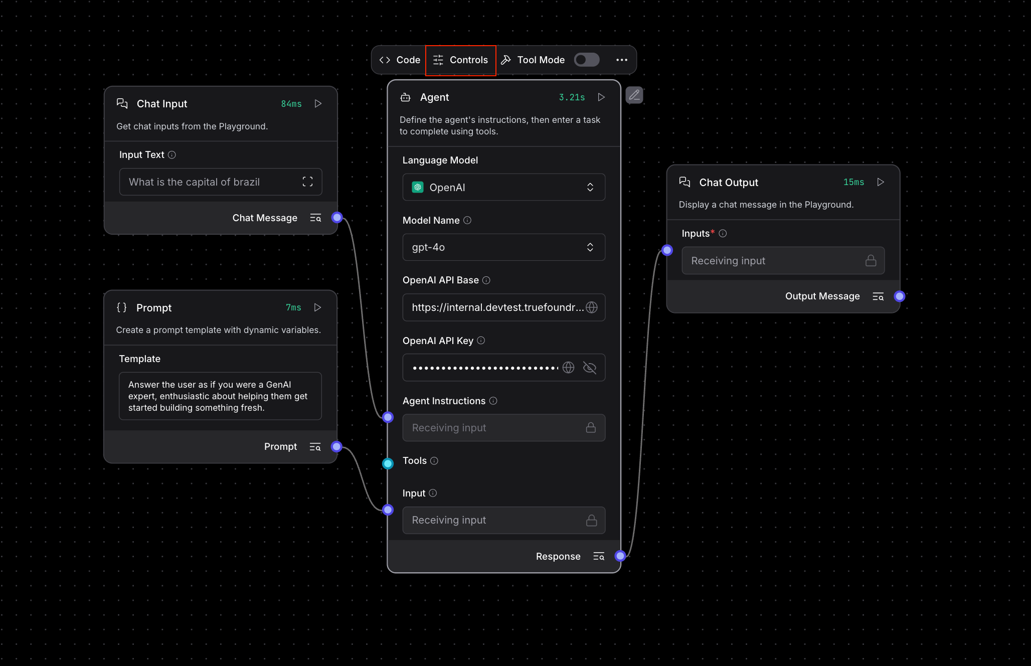 Langflow interface showing Language Model component configuration panel