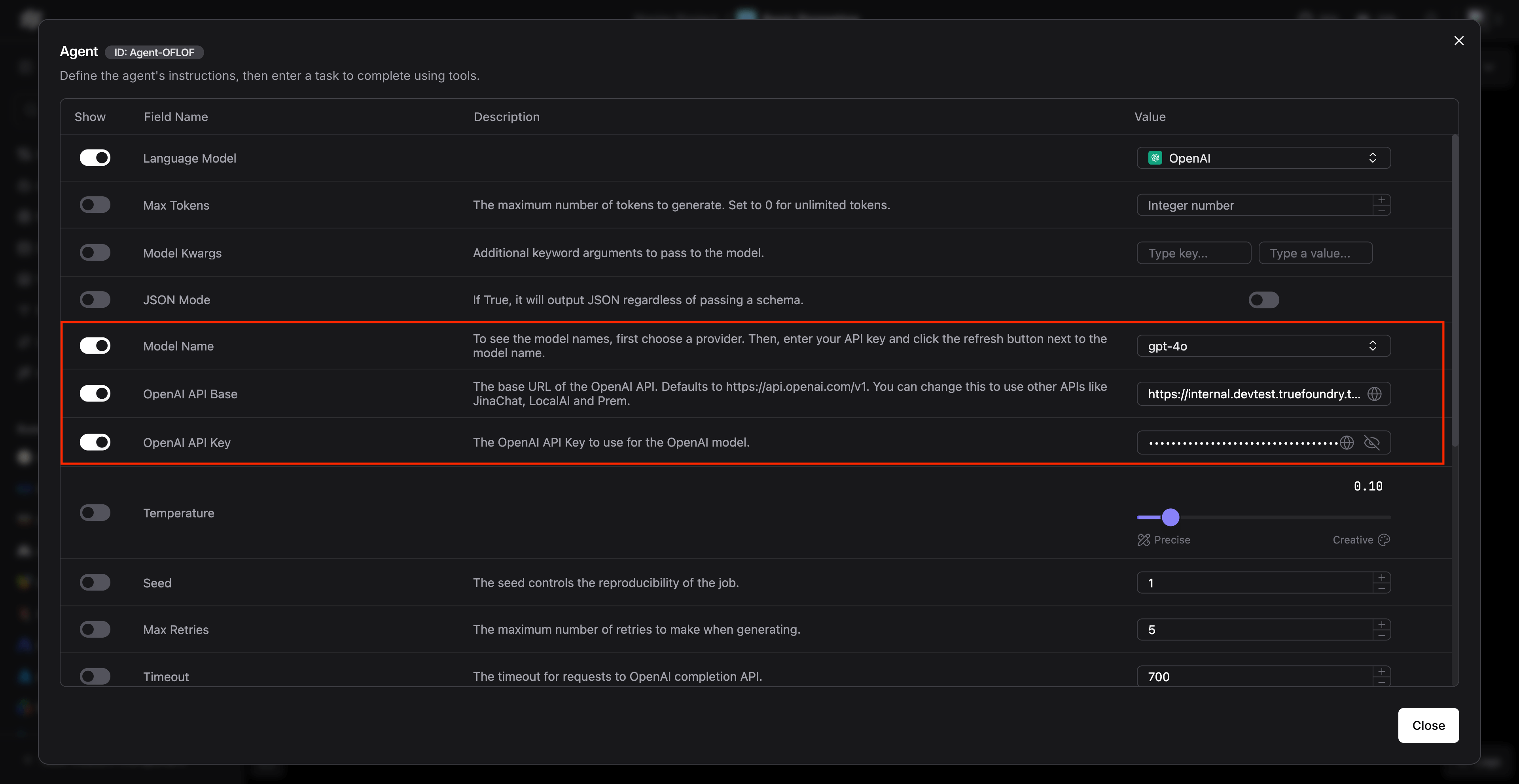Langflow OpenAI component configuration with TrueFoundry API settings