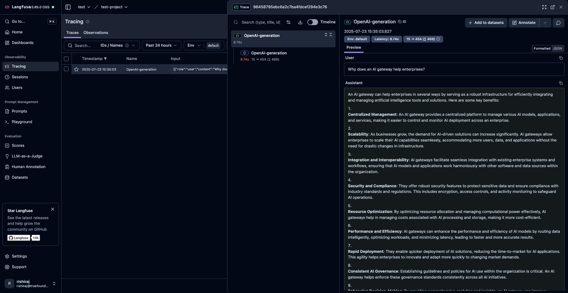 Langfuse trace dashboard showing LLM request details and performance metrics