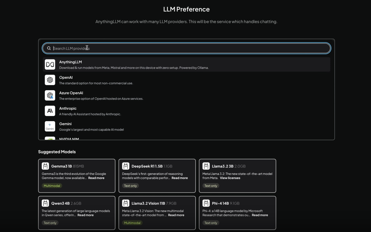 AnythingLLM settings page showing LLM provider selection interface