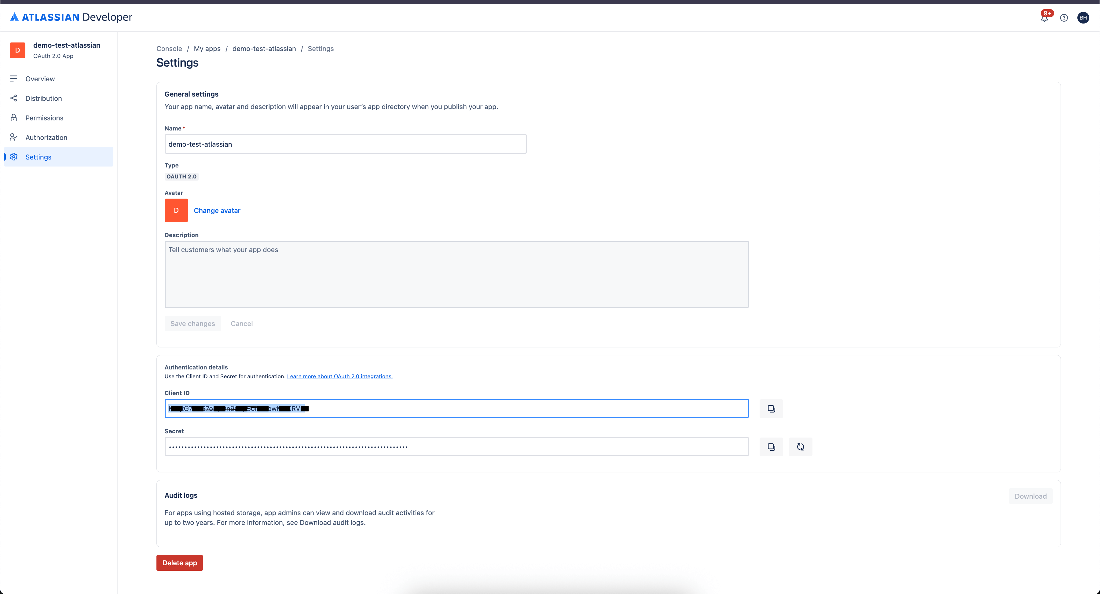 Atlassian Developer Console showing where to find the Client ID and Client Secret