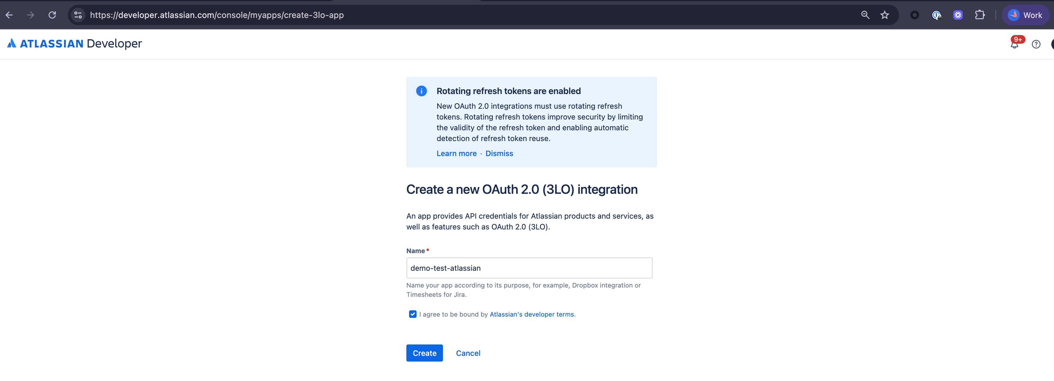 Atlassian Developer Console showing the process of creating a new OAuth 2.0 integration app