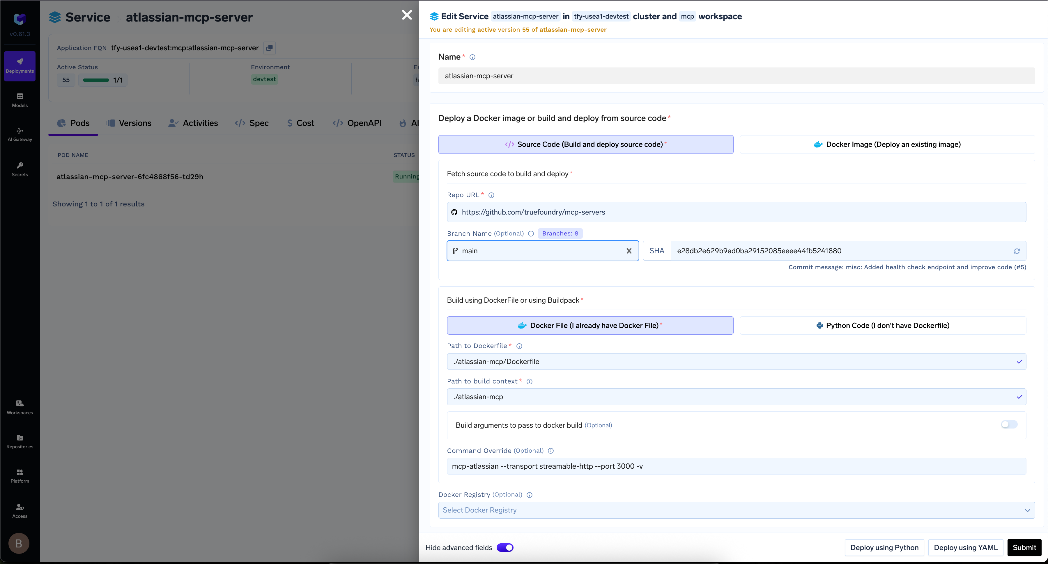 TrueFoundry deployment interface showing the Atlassian MCP Server configuration