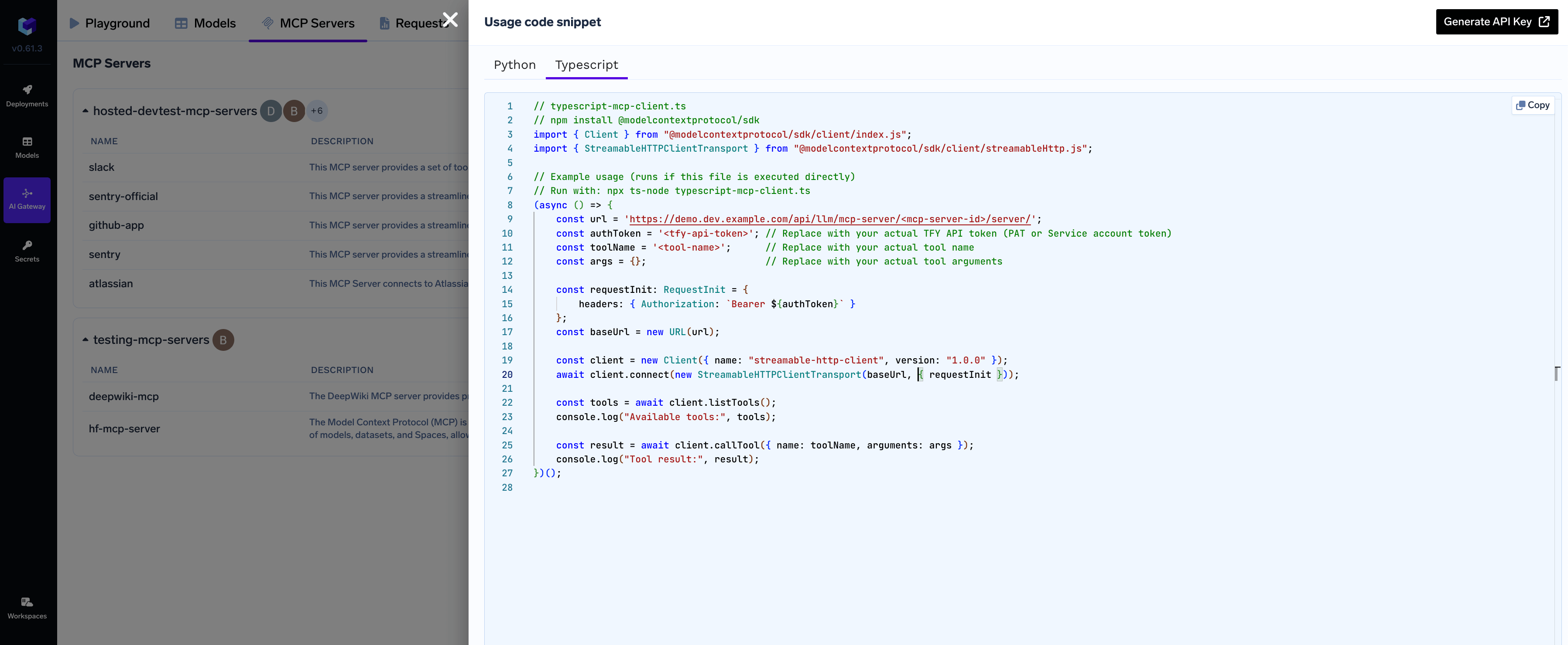 TrueFoundry Dashboard showing code snippet interface for MCP server integration