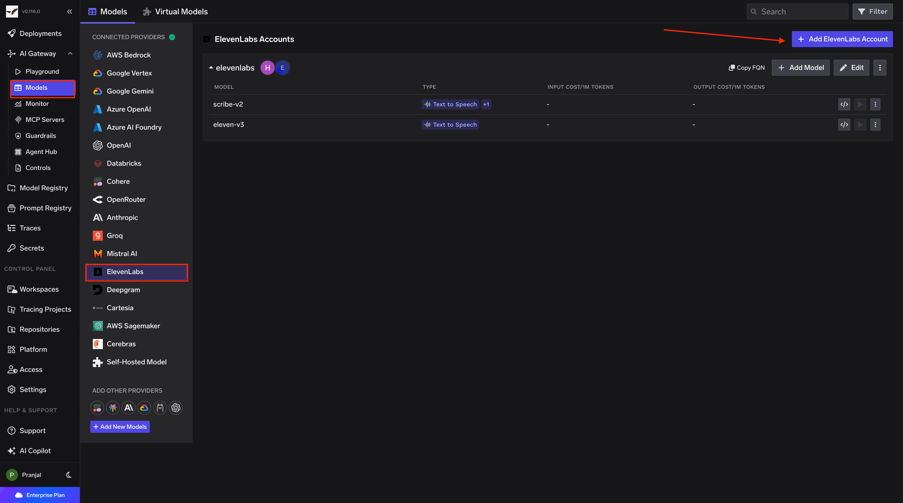 Navigating to ElevenLabs Provider Account in AI Gateway