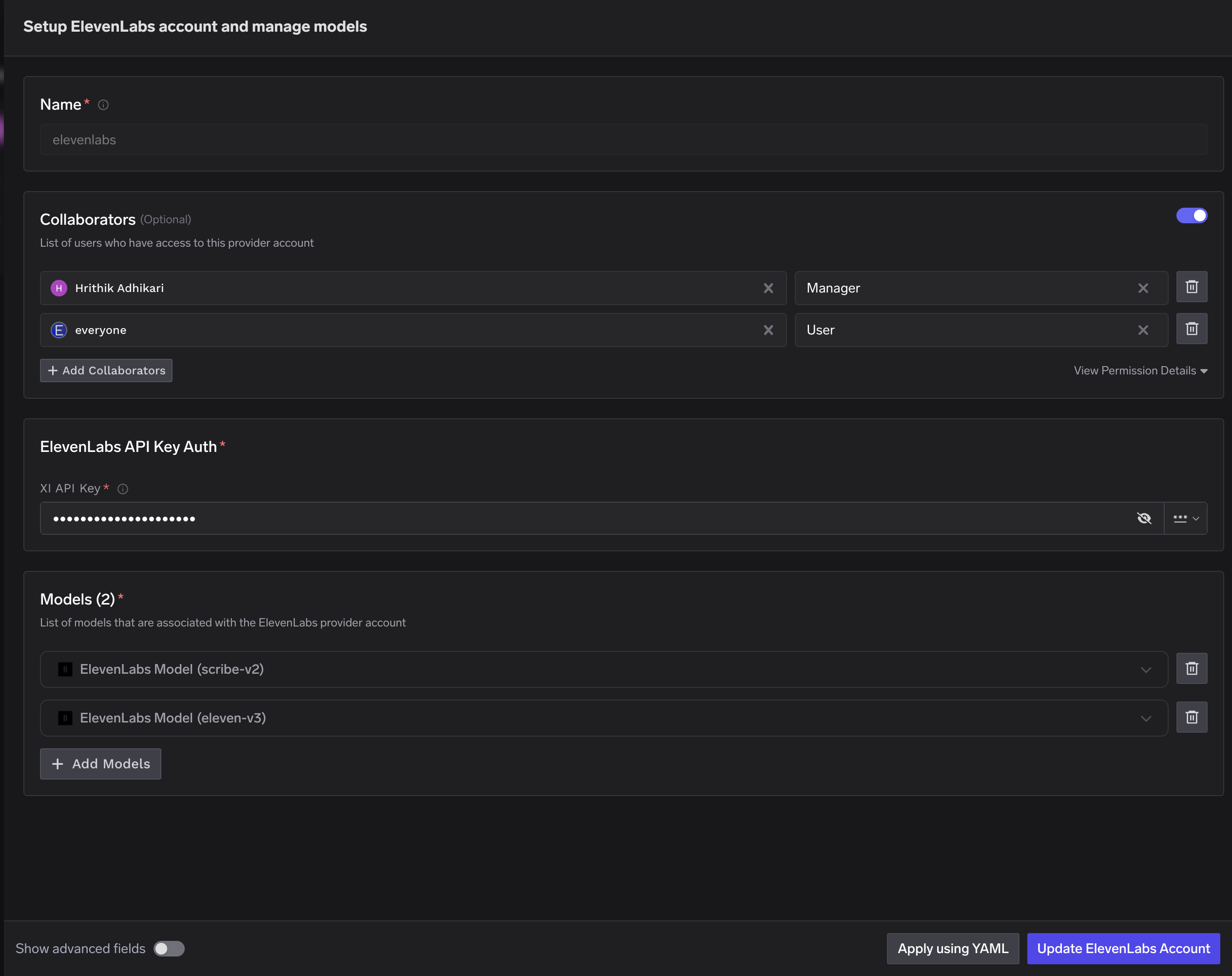 ElevenLabs account configuration form with fields for API key and collaborators