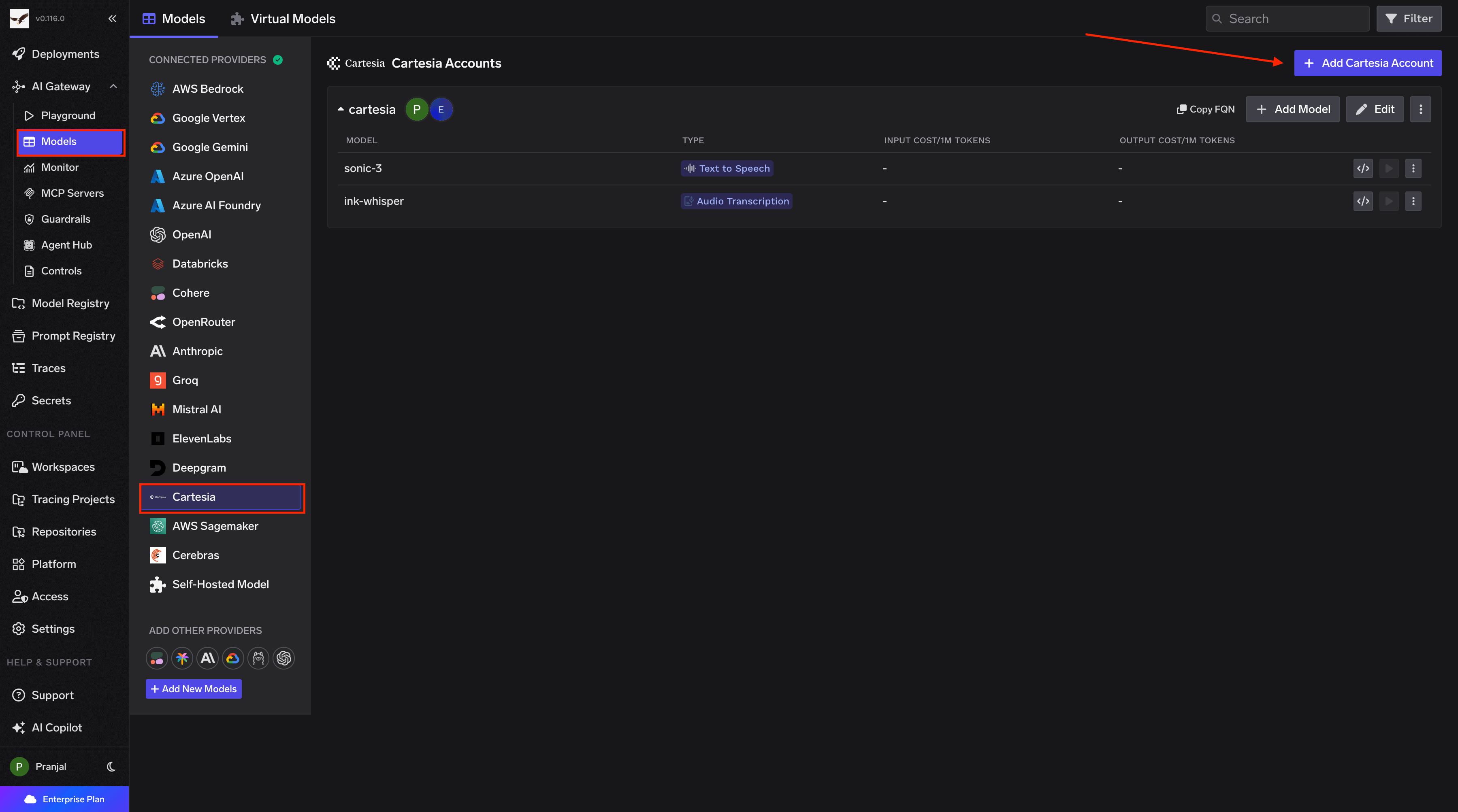 Navigating to Cartesia Provider Account in AI Gateway