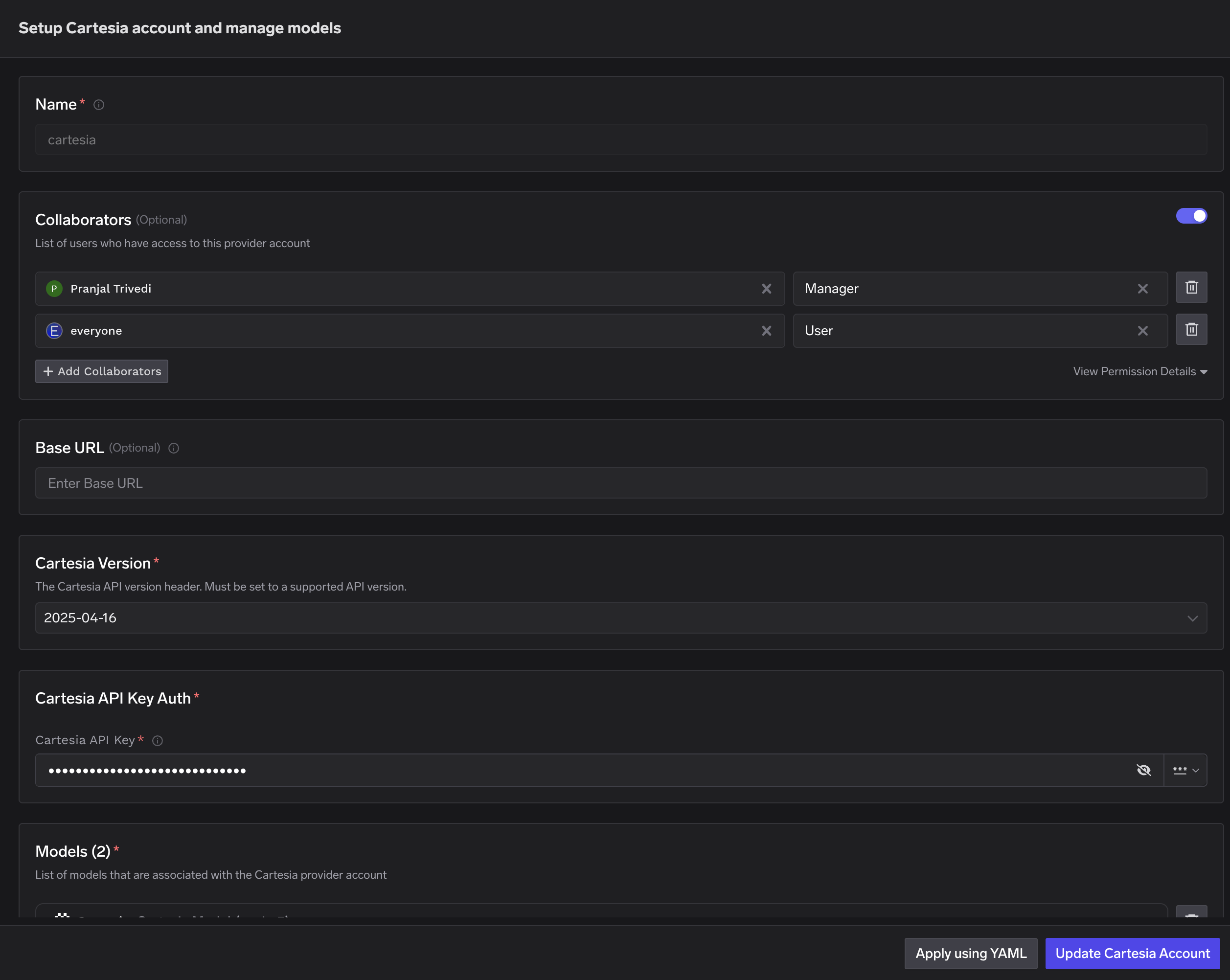 Cartesia account configuration form with fields for API key and collaborators