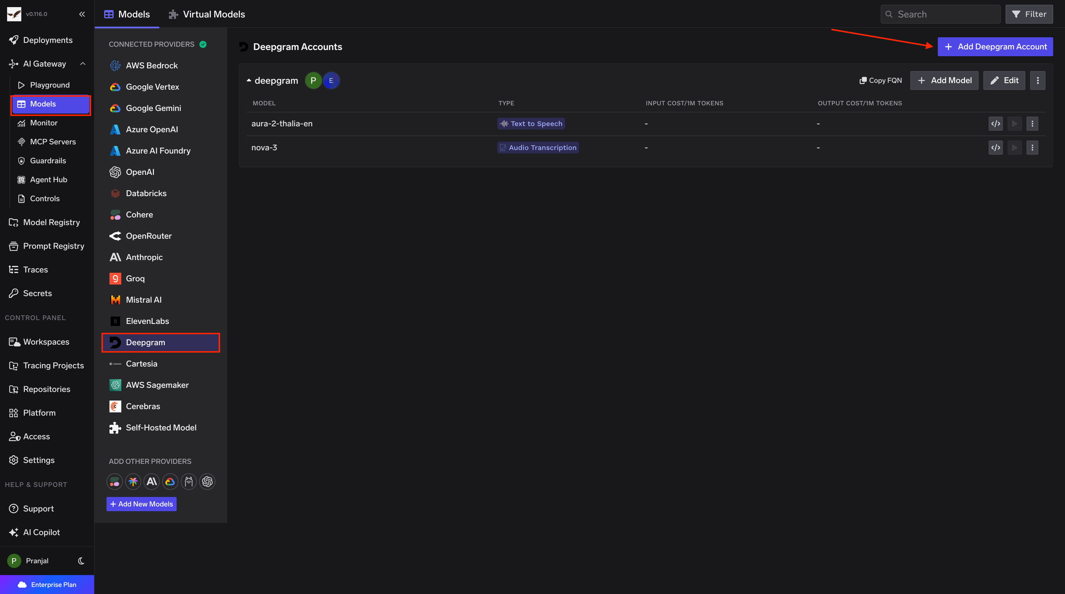 Navigating to Deepgram Provider Account in AI Gateway