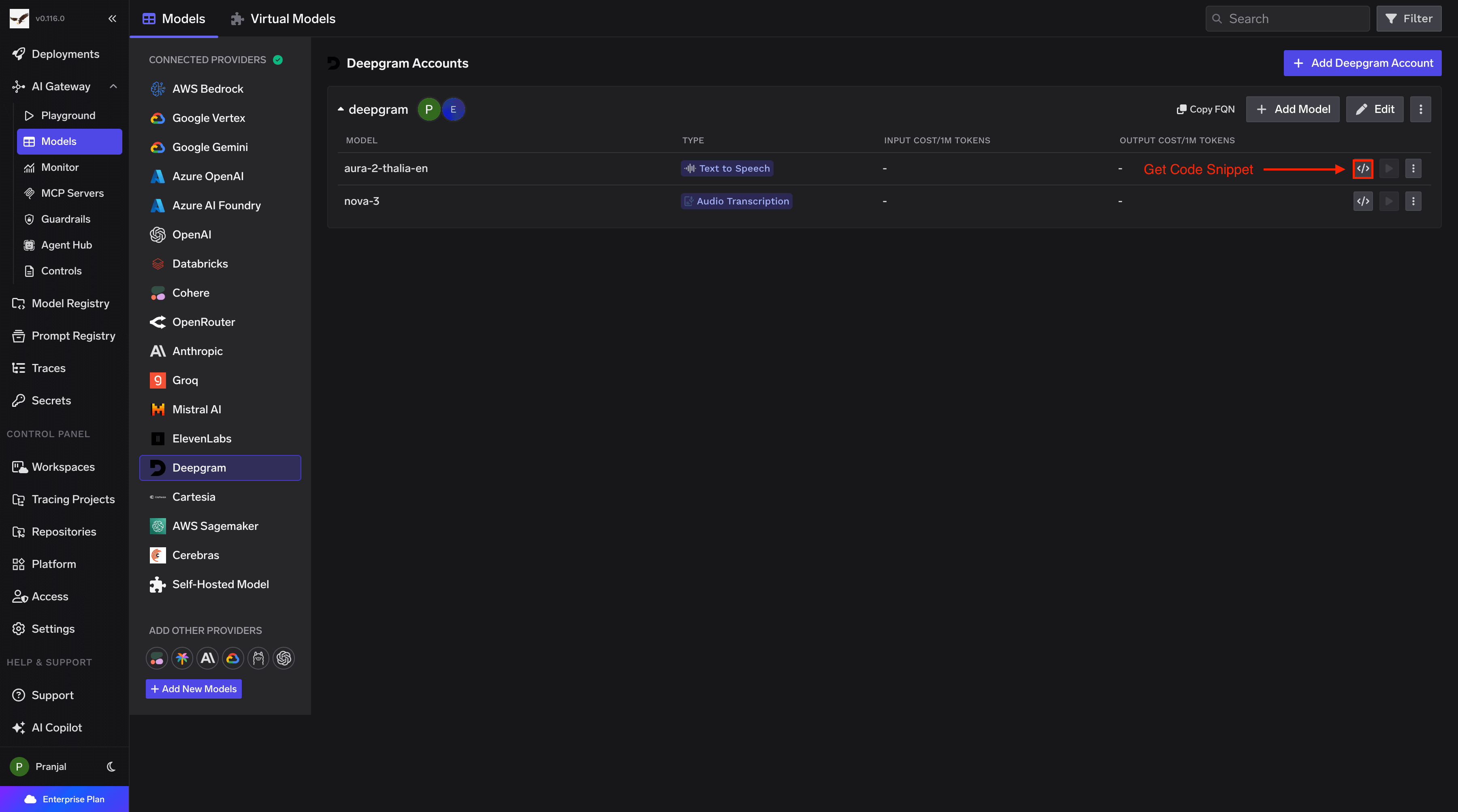 Code Snippet and Try in Playground Buttons for each Deepinfra model