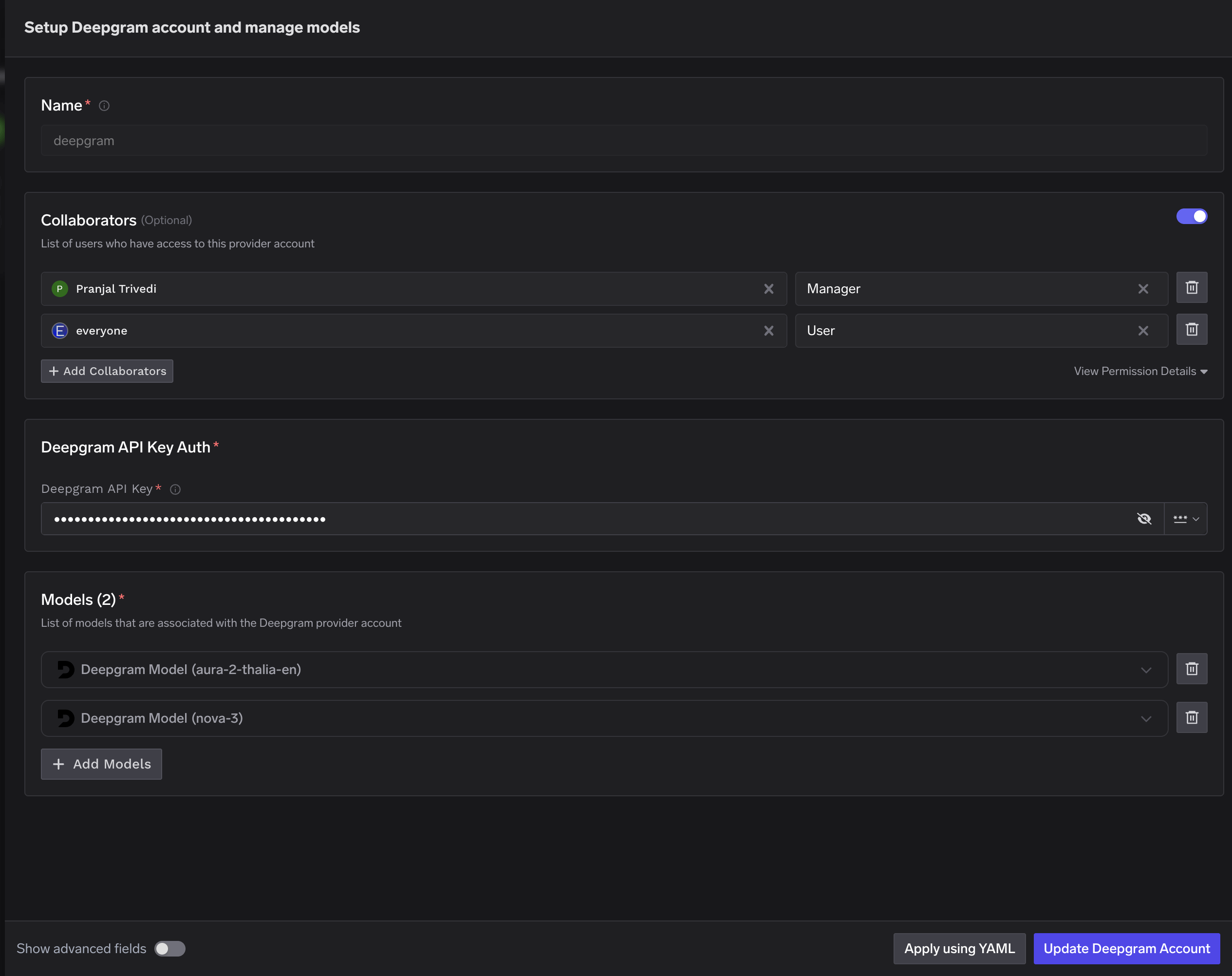 Deepgram account configuration form with fields for API key and collaborators