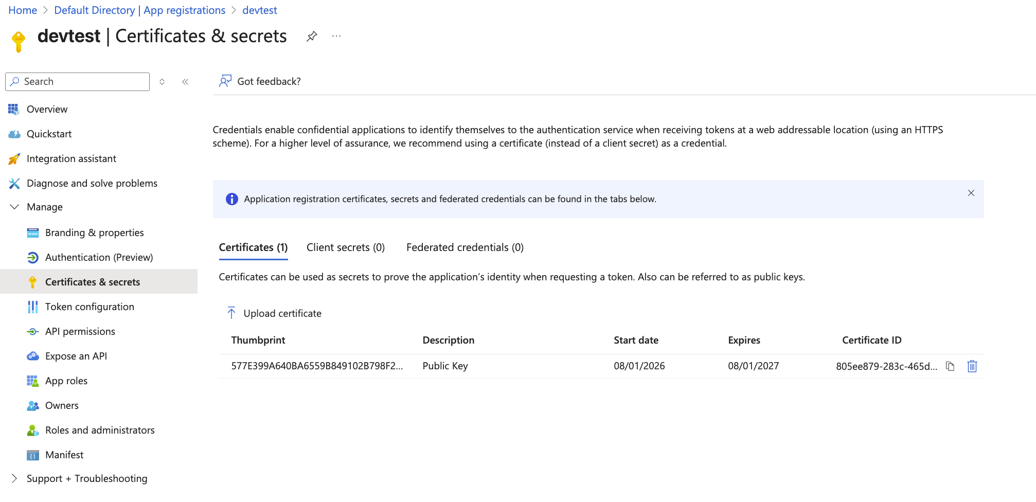 Certificates and secrets page showing uploaded certificate with thumbprint