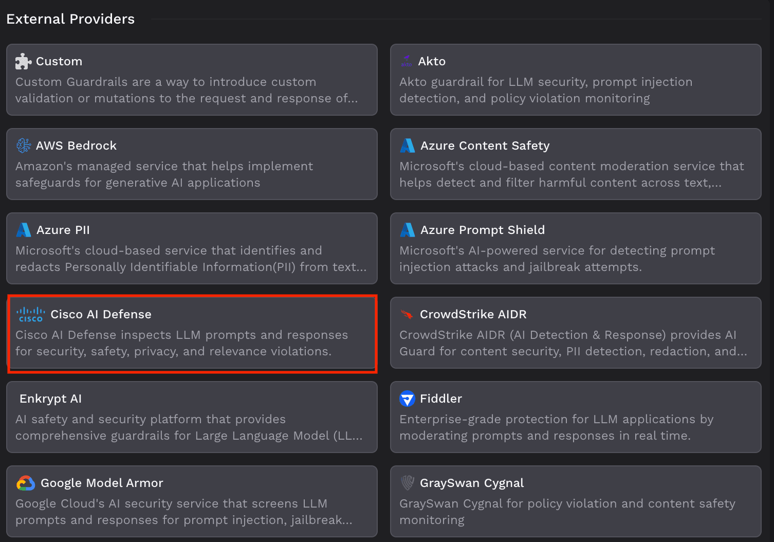 TrueFoundry guardrail registry highlighting the Cisco AI Defense card under External Providers