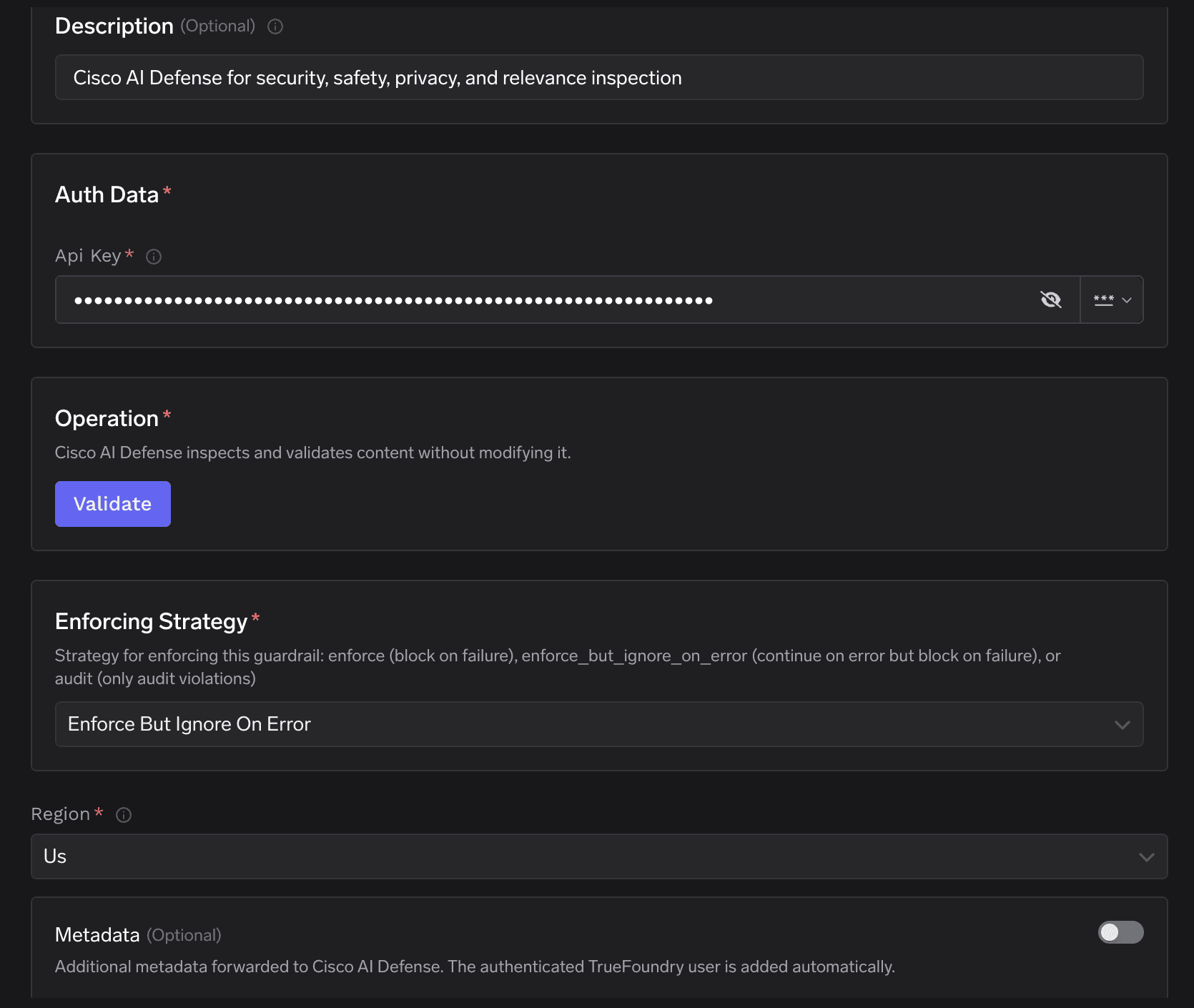 TrueFoundry interface for configuring Cisco AI Defense with fields for description, API key, operation, enforcing strategy, region, and metadata