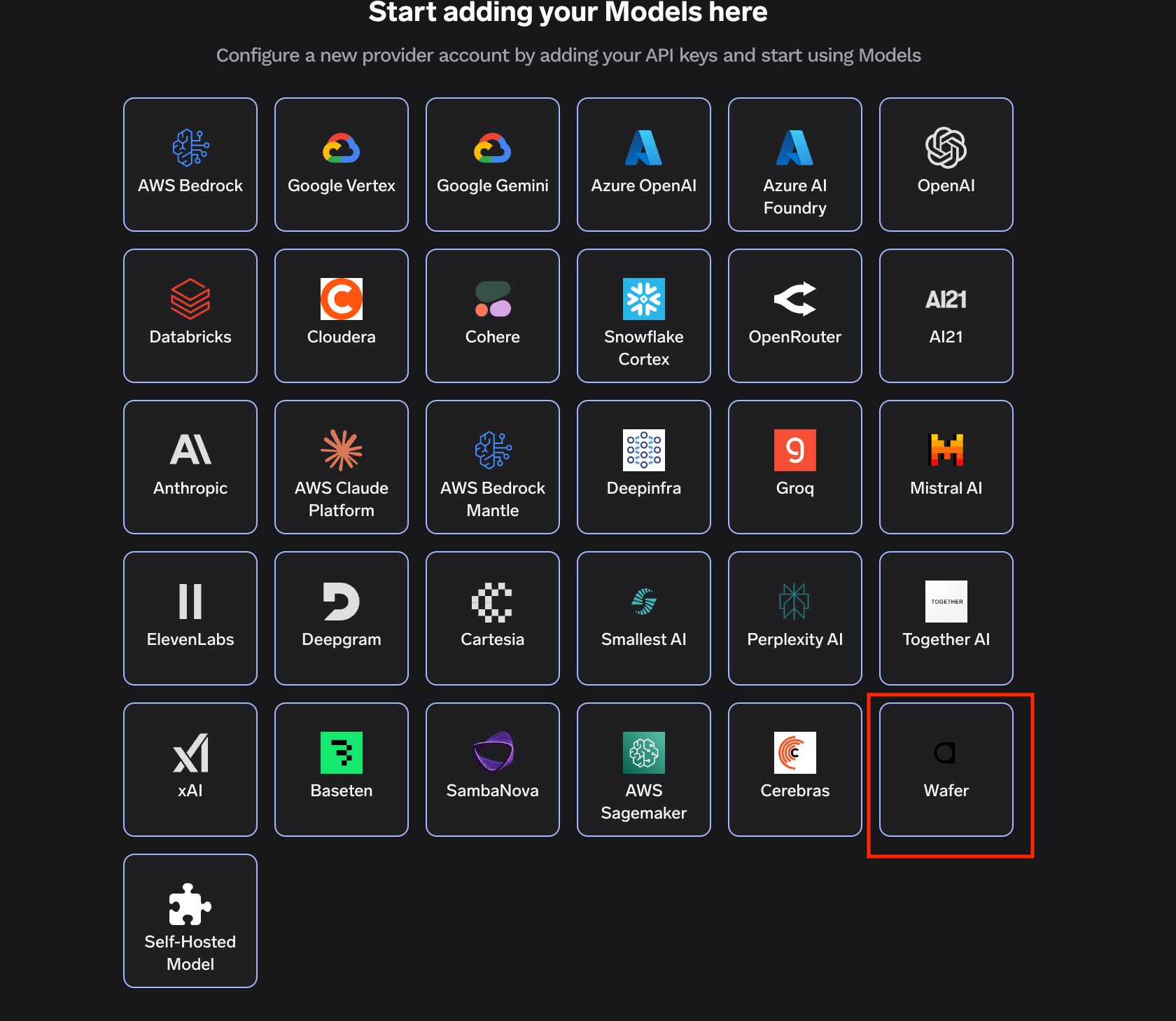 Wafer provider selection in TrueFoundry AI Gateway models page