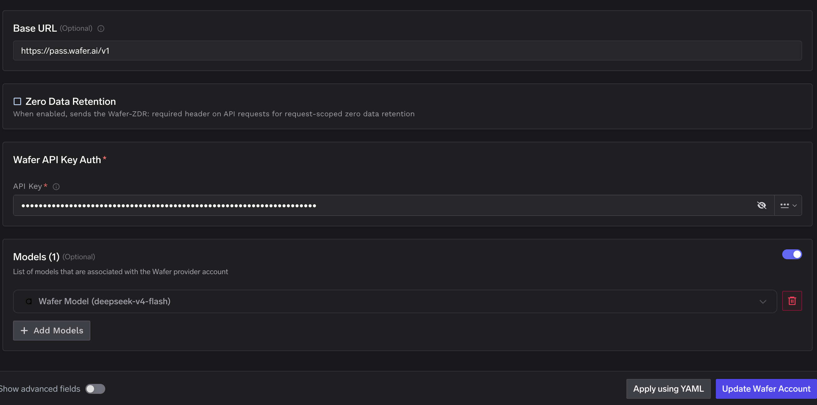 Wafer account form with Base URL, Zero Data Retention, and API key fields