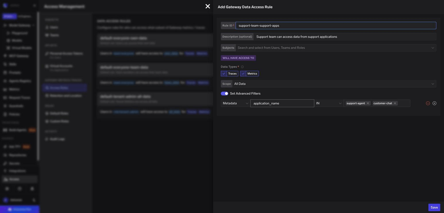 Add rule form with All Data scope, Set Advanced Filters enabled, and a Metadata filter where application_name is IN support-agent and customer-chat