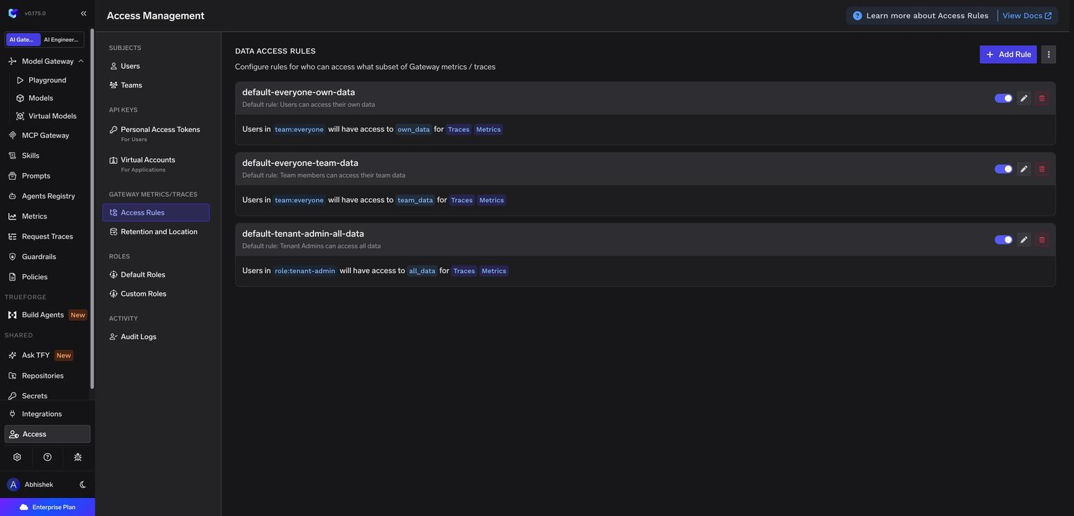Access Rules page listing the default-everyone-own-data, default-everyone-team-data, and default-tenant-admin-all-data rules, each with Traces and Metrics enabled