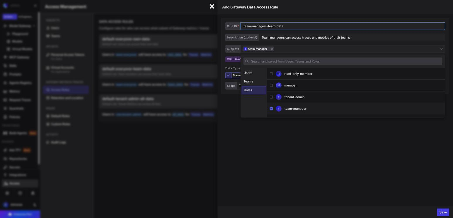 Subjects picker with the Roles tab open, listing read-only-member, member, tenant-admin, and team-manager, with team-manager selected