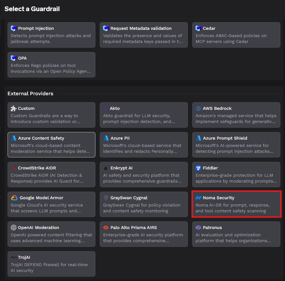 TrueFoundry guardrail registry highlighting the Noma Security card under External Providers