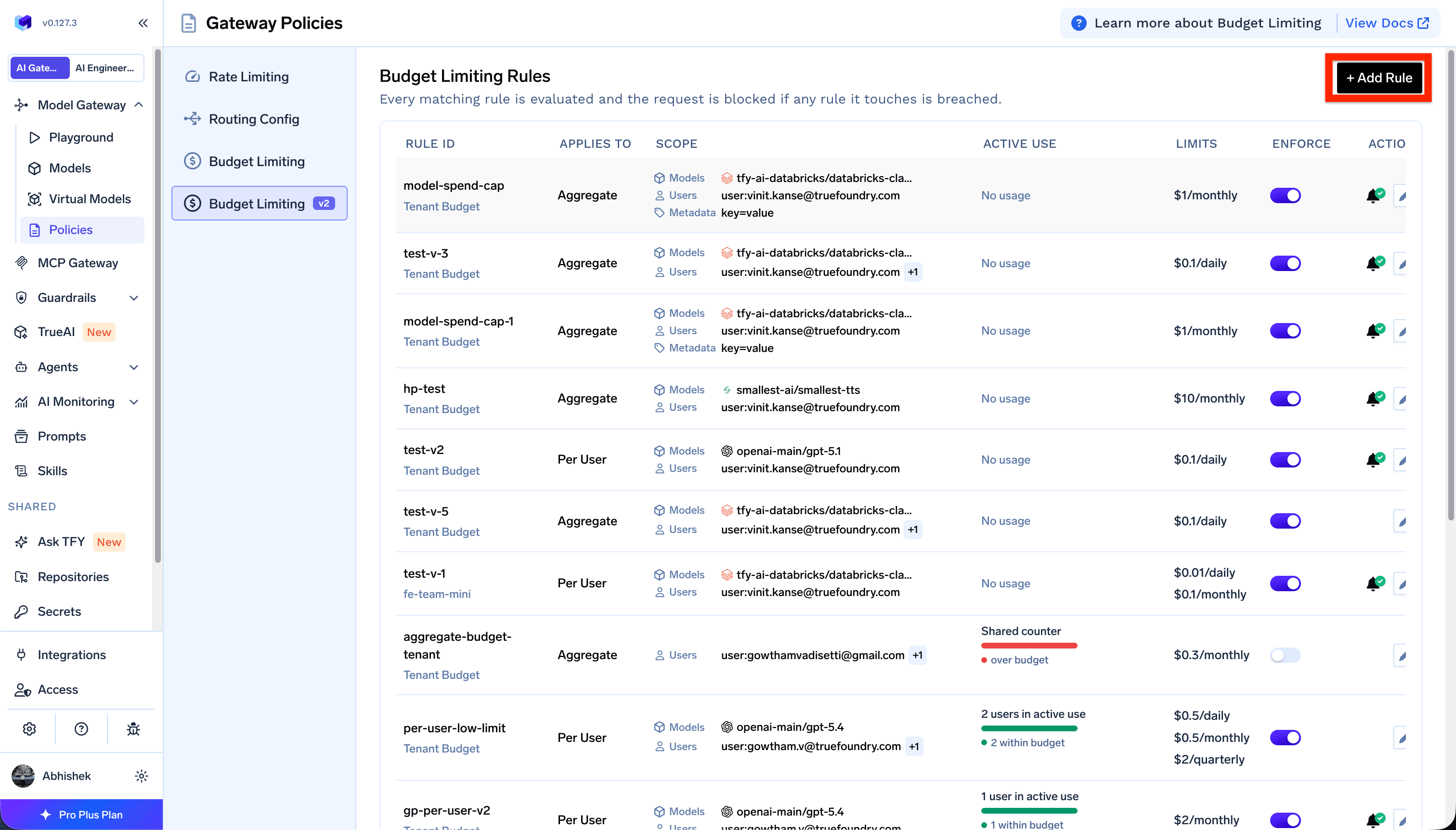 Budget Limiting overview with Add Rule button