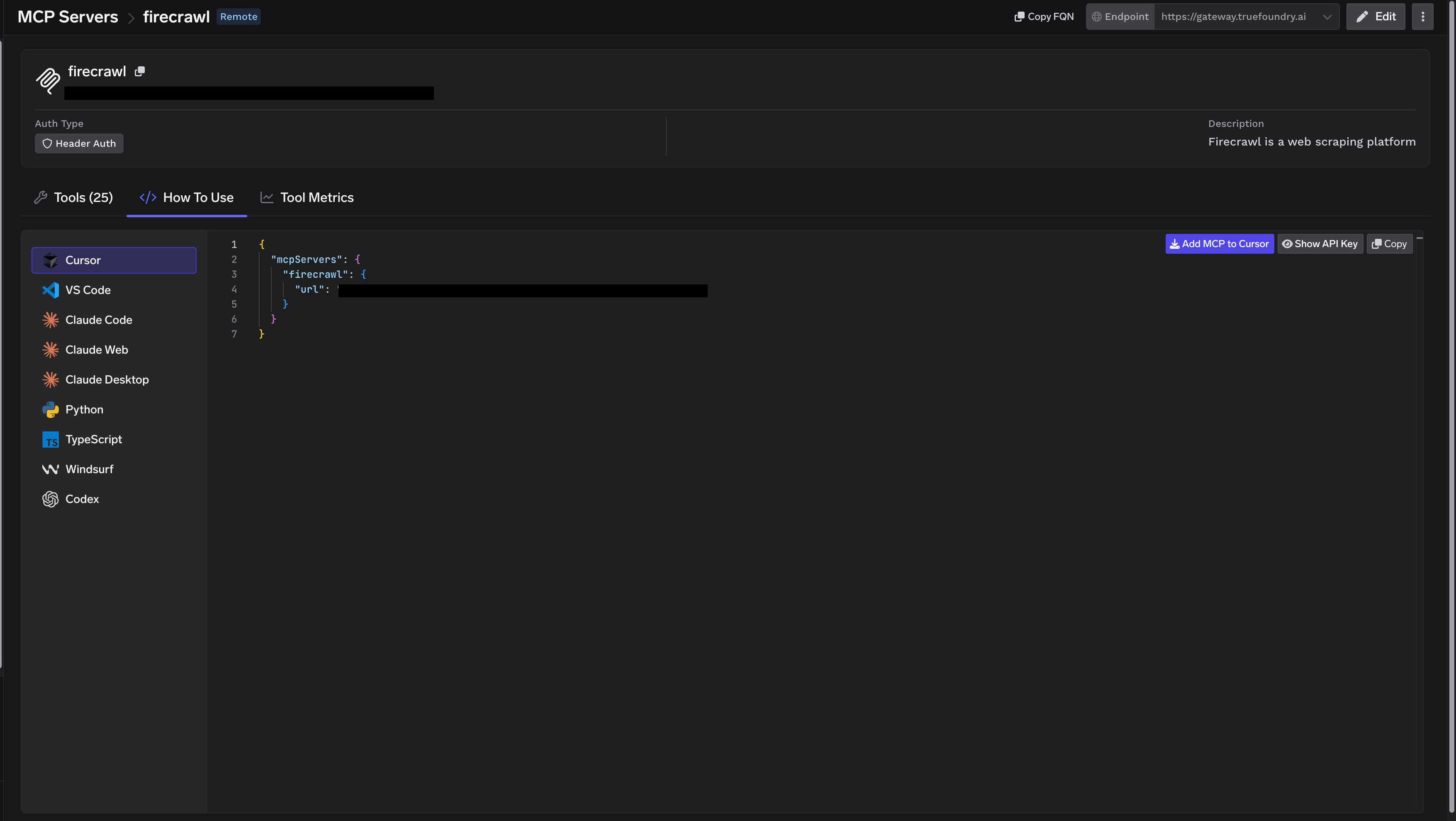 Firecrawl How To Use tab showing connection commands for multiple MCP clients