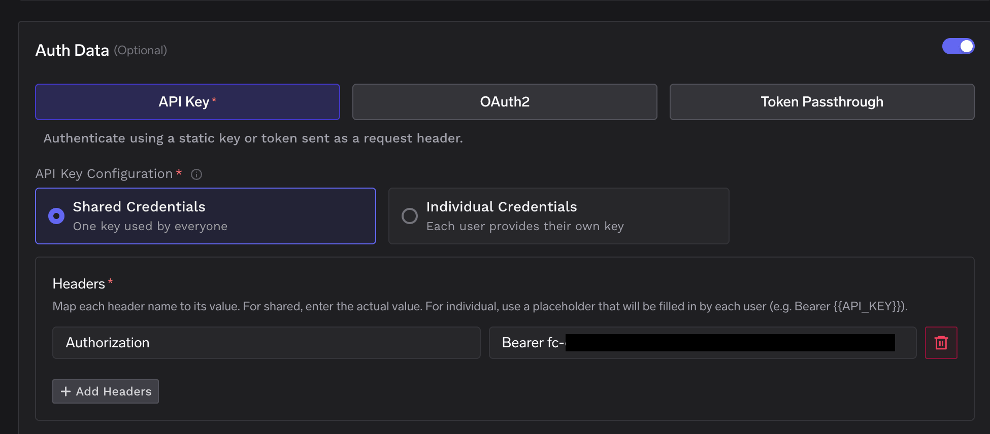 Auth Data section with API Key selected, Shared Credentials chosen, and an Authorization header set to Bearer fc-...