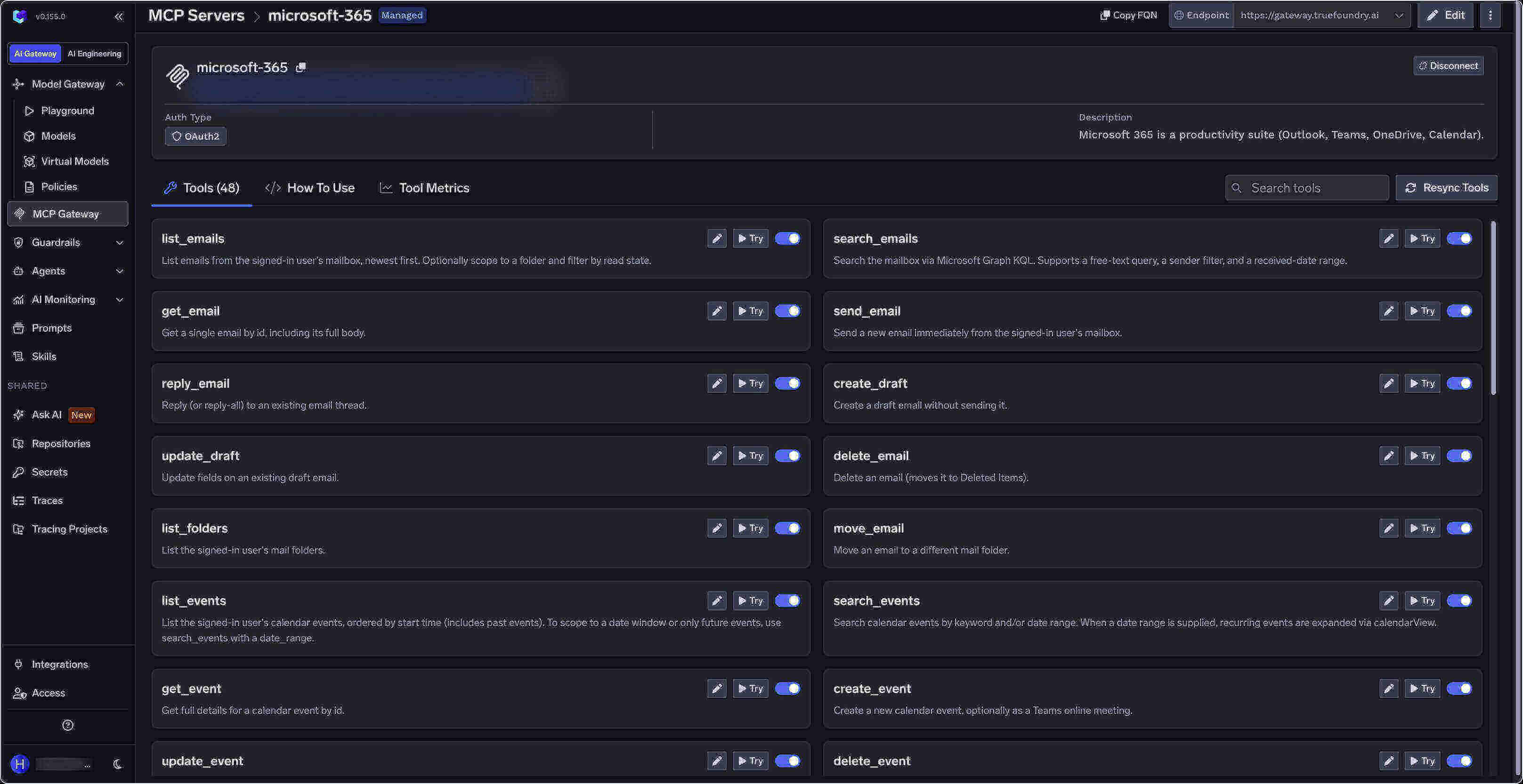 Microsoft 365 Tools tab populated with tools after a successful connection