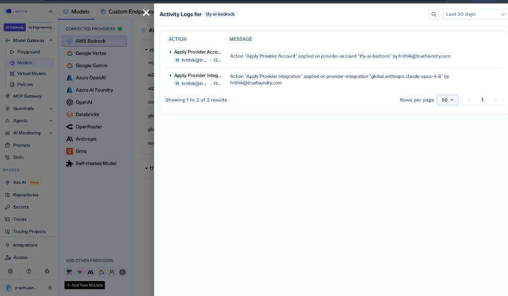 Resource-level Activity Logs panel showing recent actions for an AWS Bedrock account
