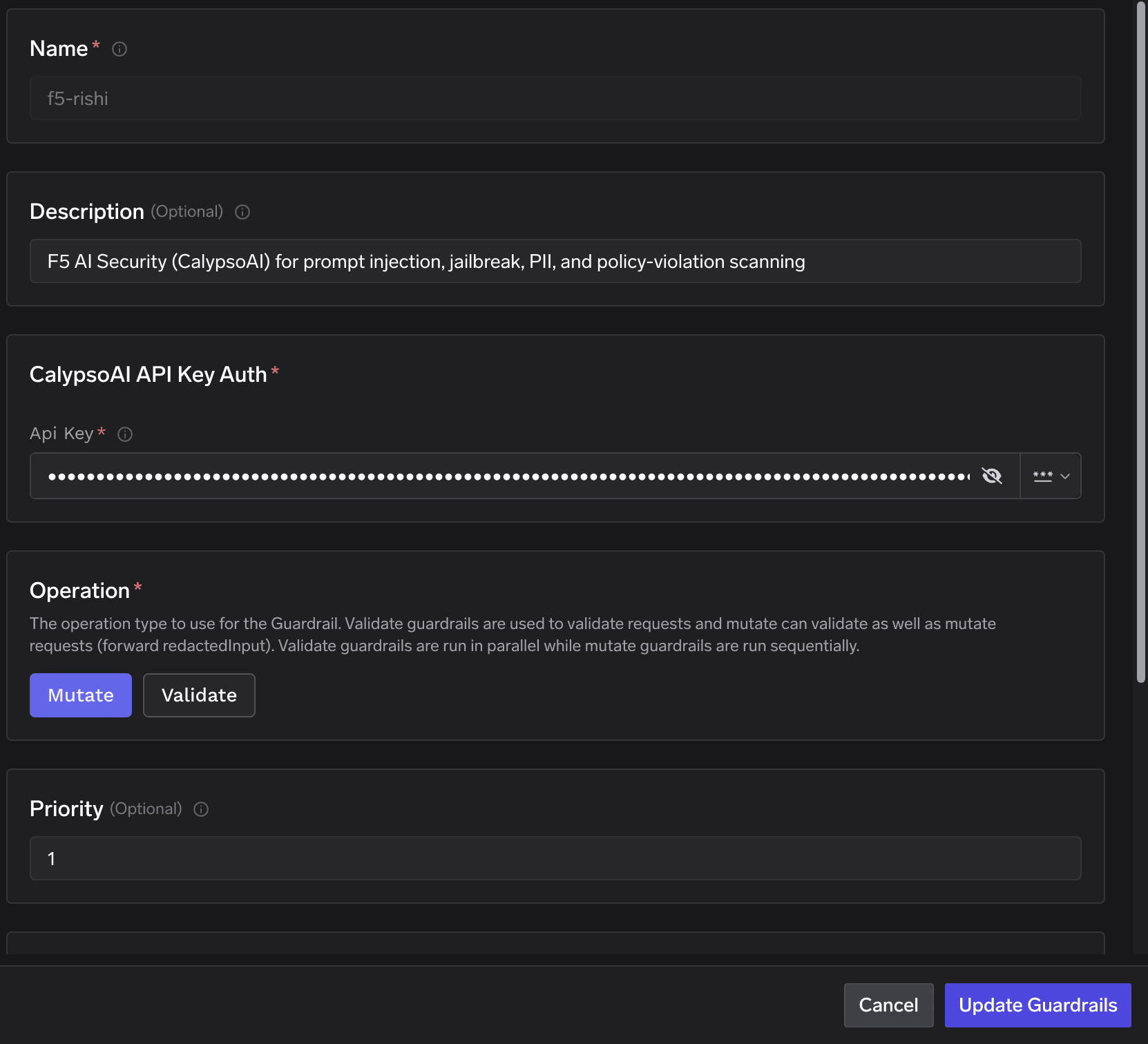 TrueFoundry interface for configuring CalypsoAI (F5 AI Security) with fields for name, description, API key, operation, and priority