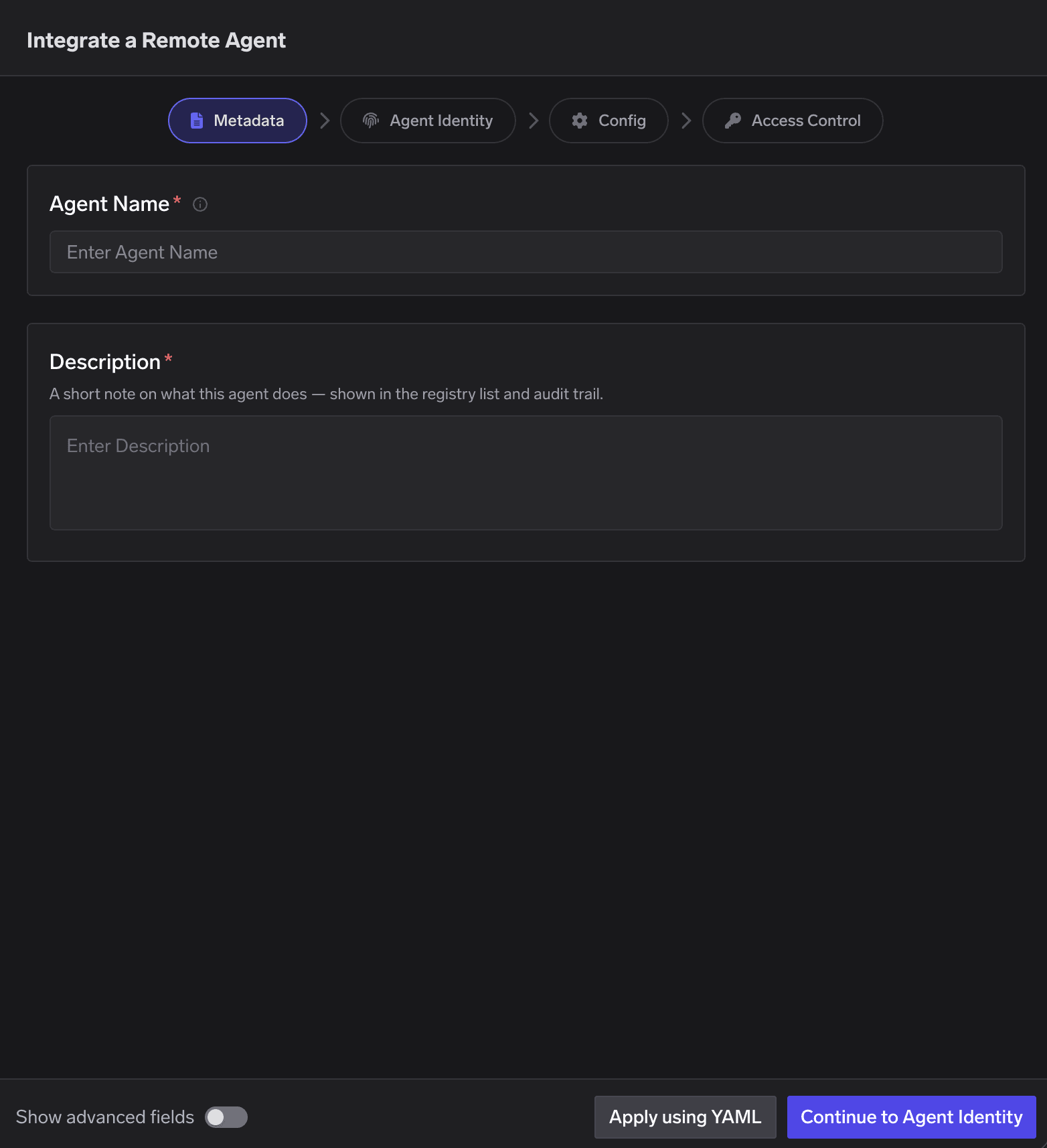 Agent registration — Metadata step with Agent Name and Description fields