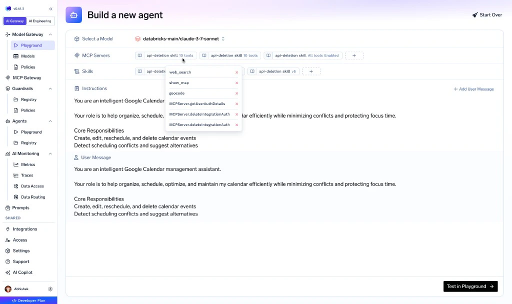 TrueFoundry Agent Harness builder showing model selection, MCP servers, skills, instructions, and a playground test button