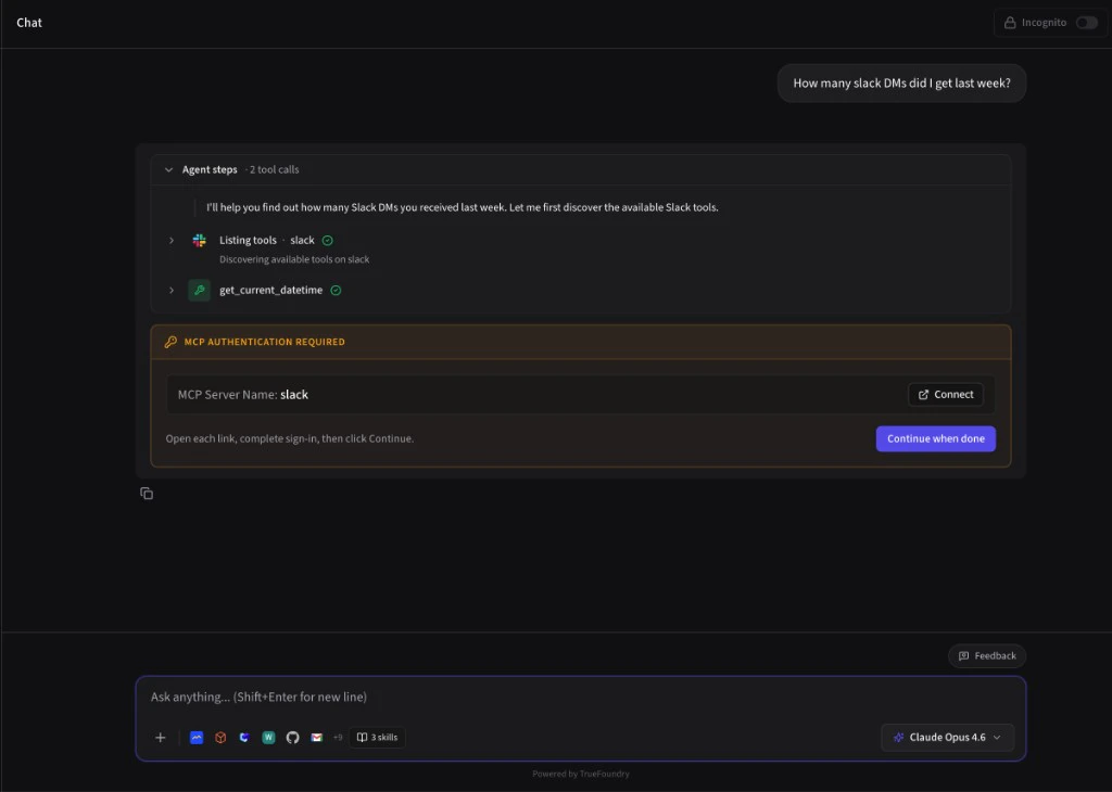 Agent chat interface showing MCP authentication required for Slack, with a connect button and continue flow inside the conversation