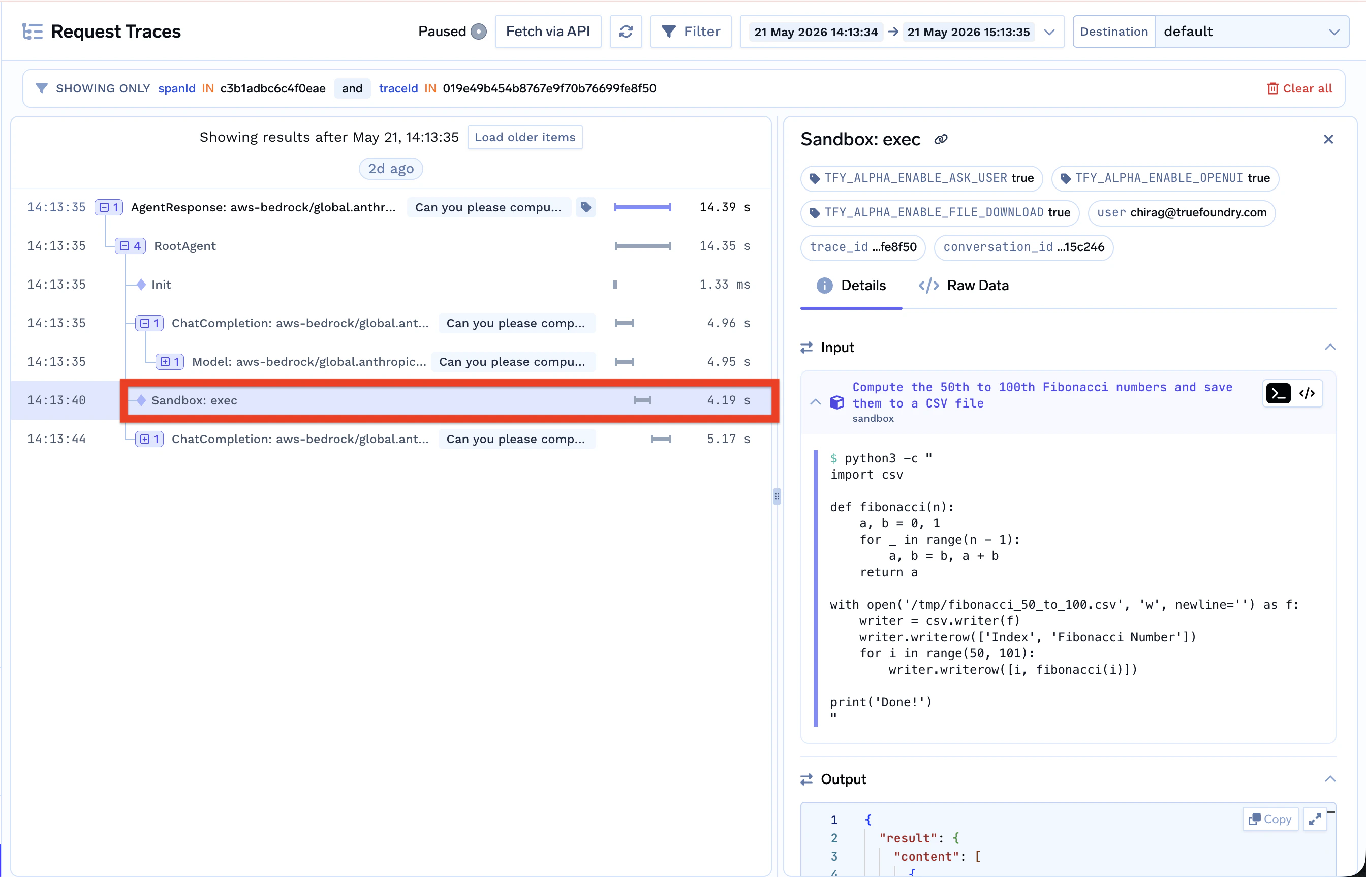 TrueFoundry trace view showing sandbox code execution with tool call and response