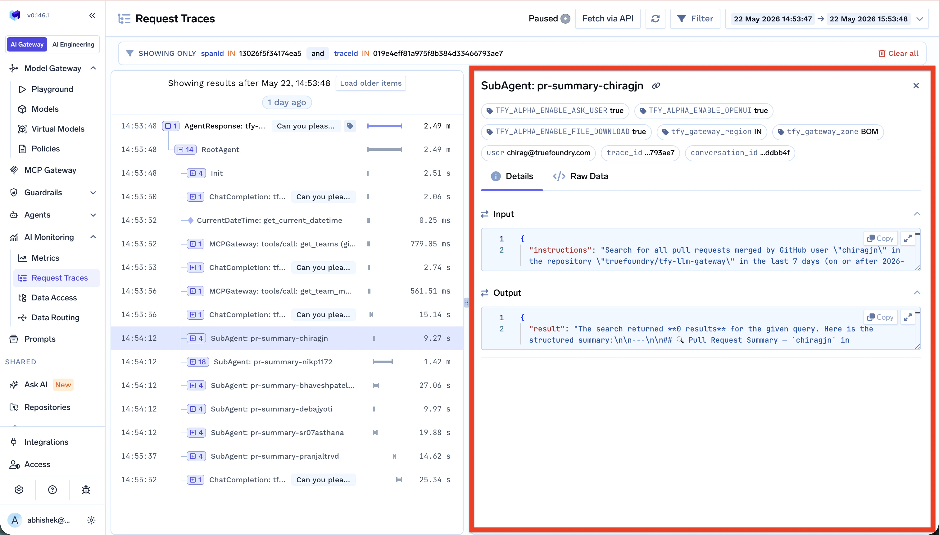 Subagent trace detail panel showing the input instructions and output result for a pr-summary subagent