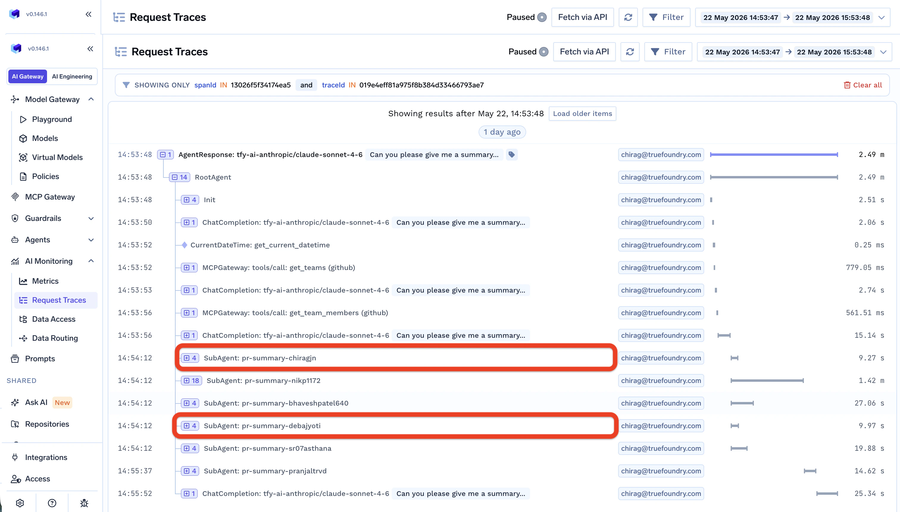 Request Traces view showing the root agent execution with multiple parallel subagent spans, each labeled with its name and duration