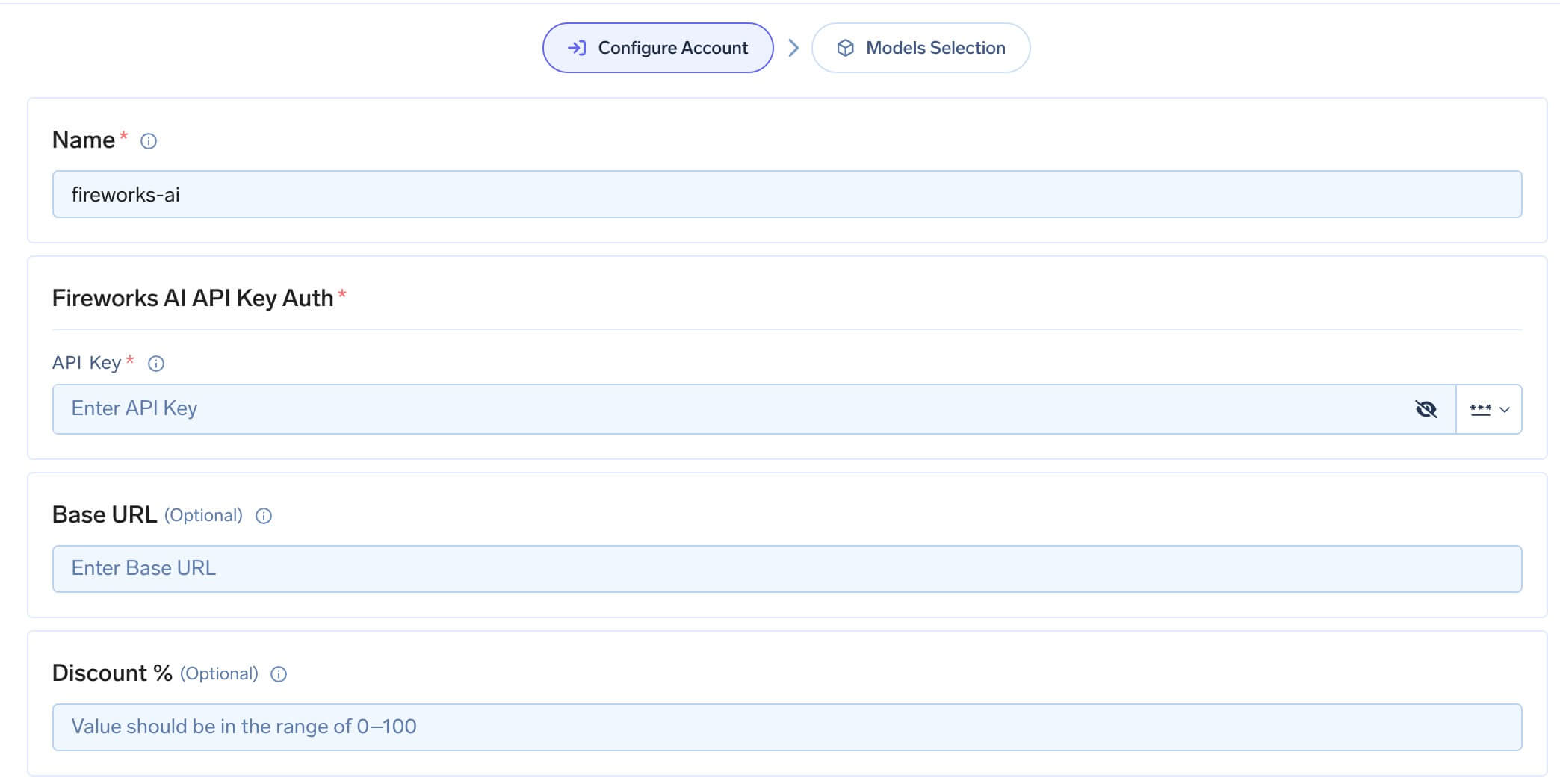 Fireworks AI account form with Name, API Key, Base URL and Discount fields