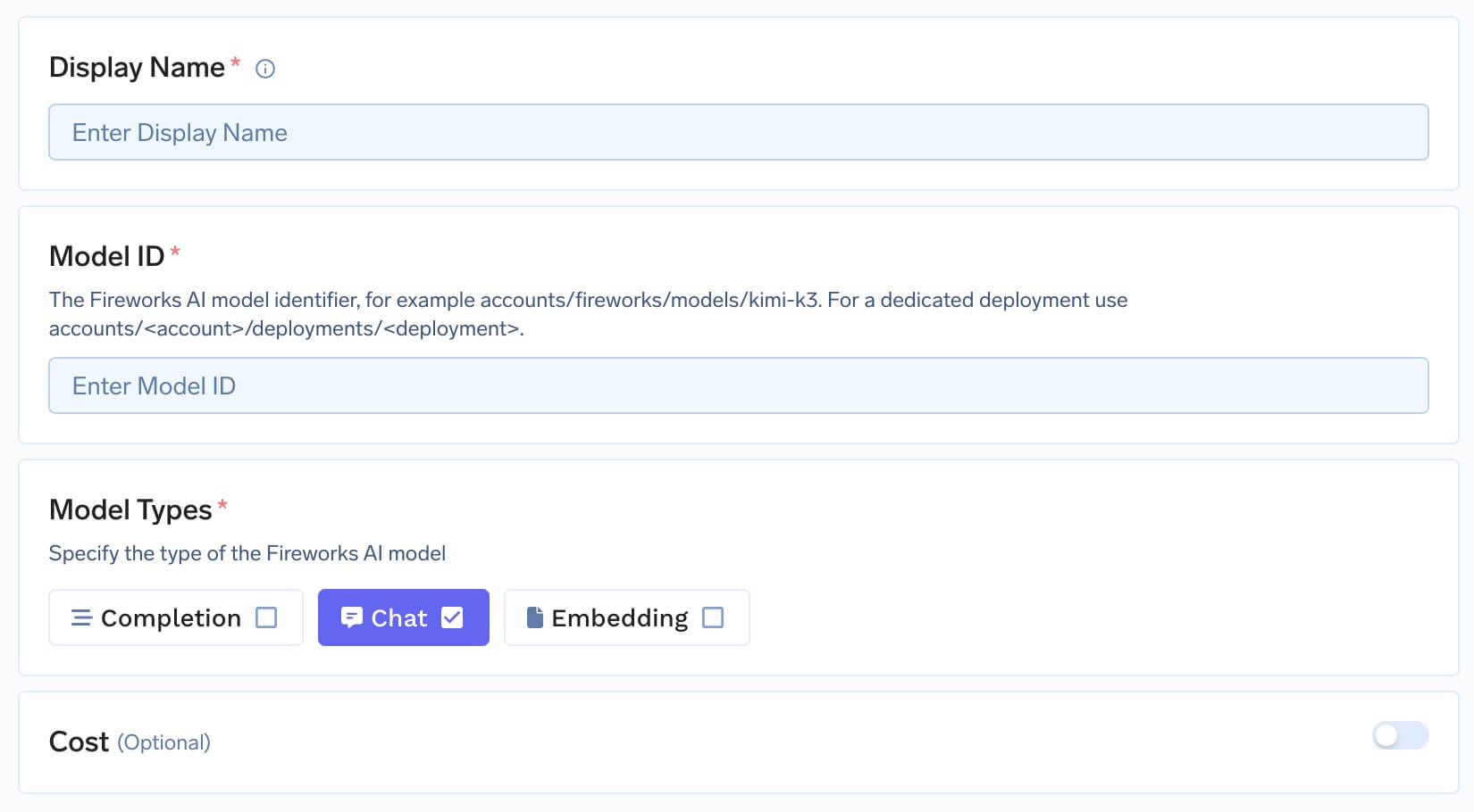 Add new Model form with Display Name, Model ID, Model Types and Cost