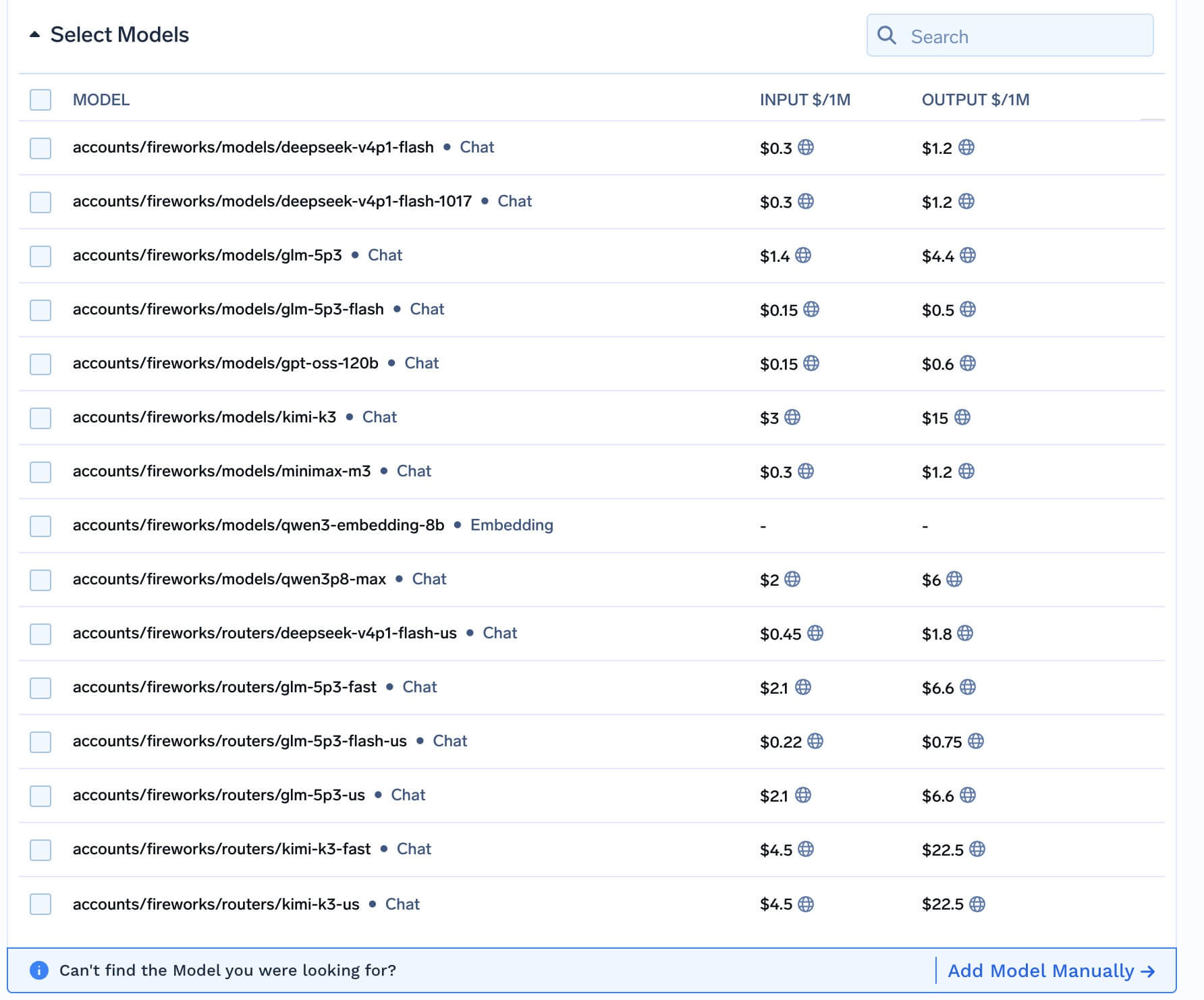 Fireworks AI model catalog with input and output prices per million tokens