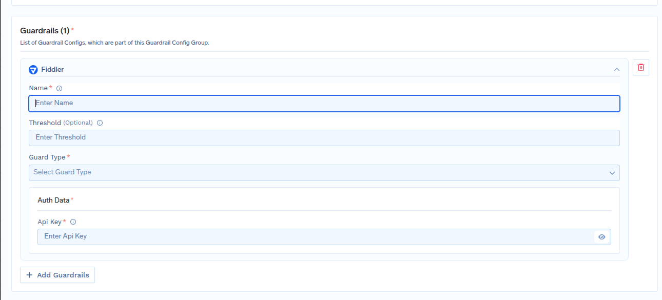 TrueFoundry interface for configuring Fiddler with fields for name and guard type selection