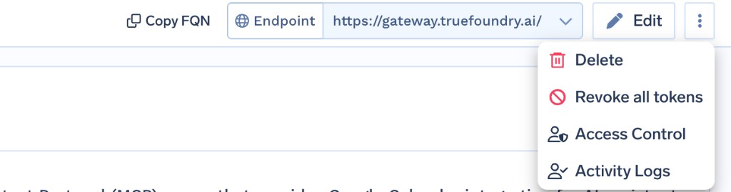 Three-dot menu on the MCP server detail page showing the Revoke all tokens action
