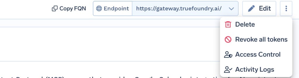 Three-dot menu on the MCP server detail page showing the Revoke all tokens action