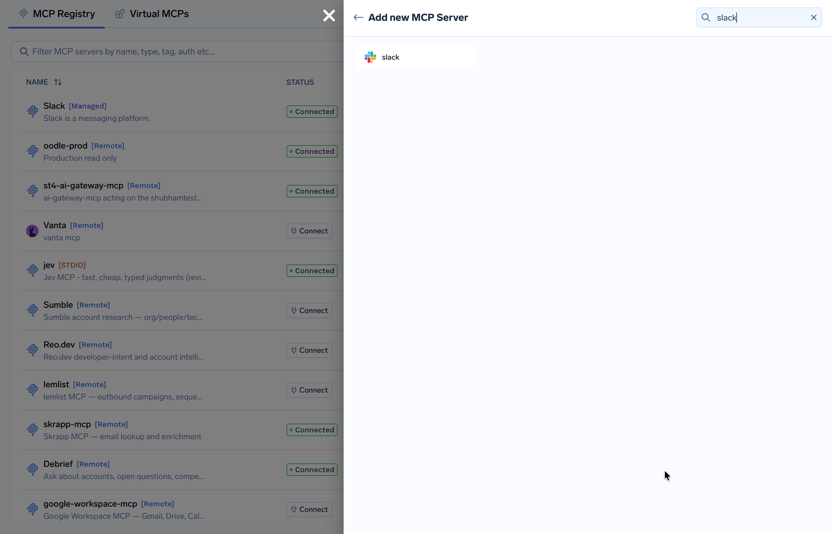 MCP Servers list with Slack [Managed] at the top