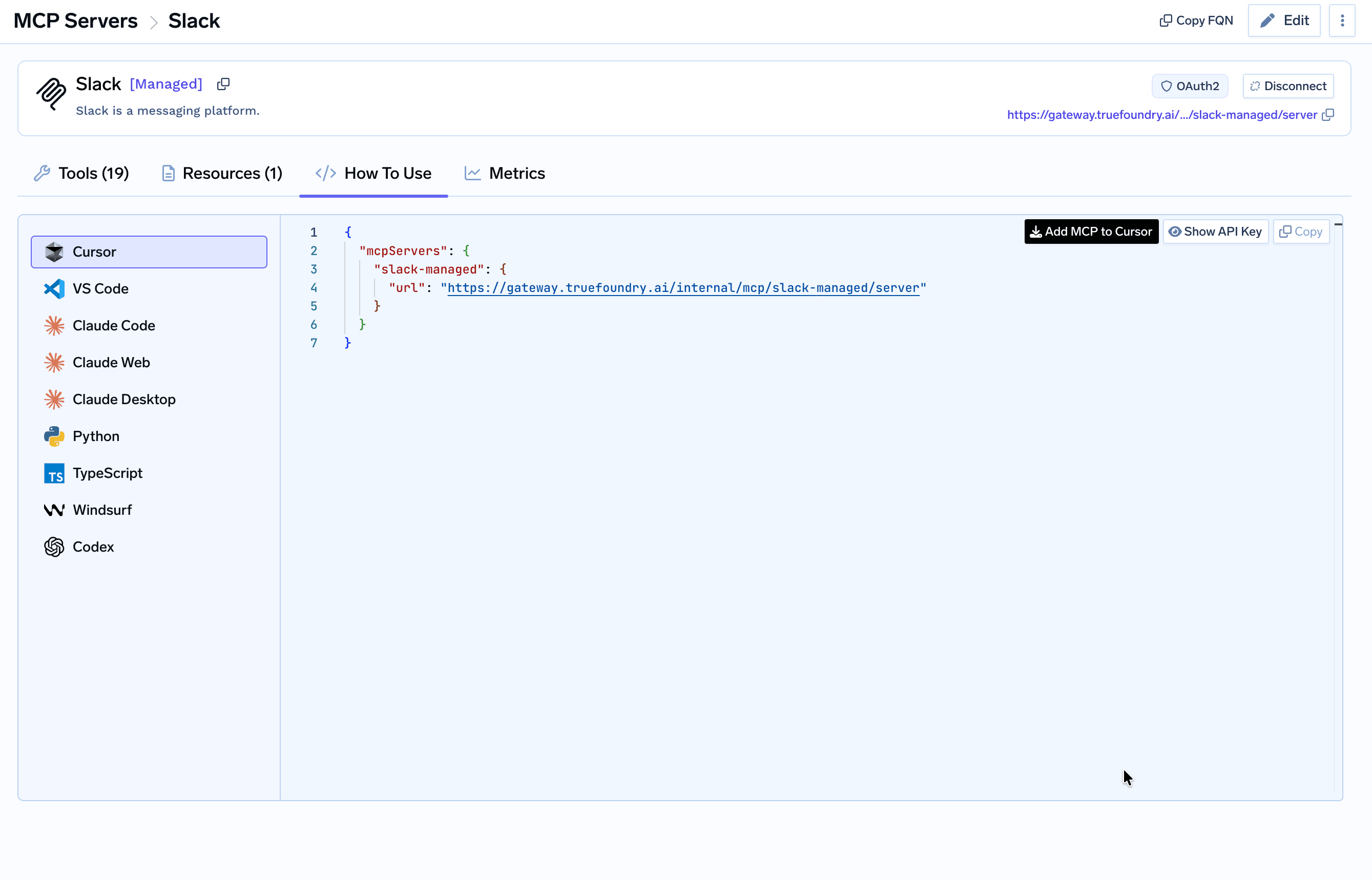 Slack How To Use tab showing connection commands for multiple MCP clients