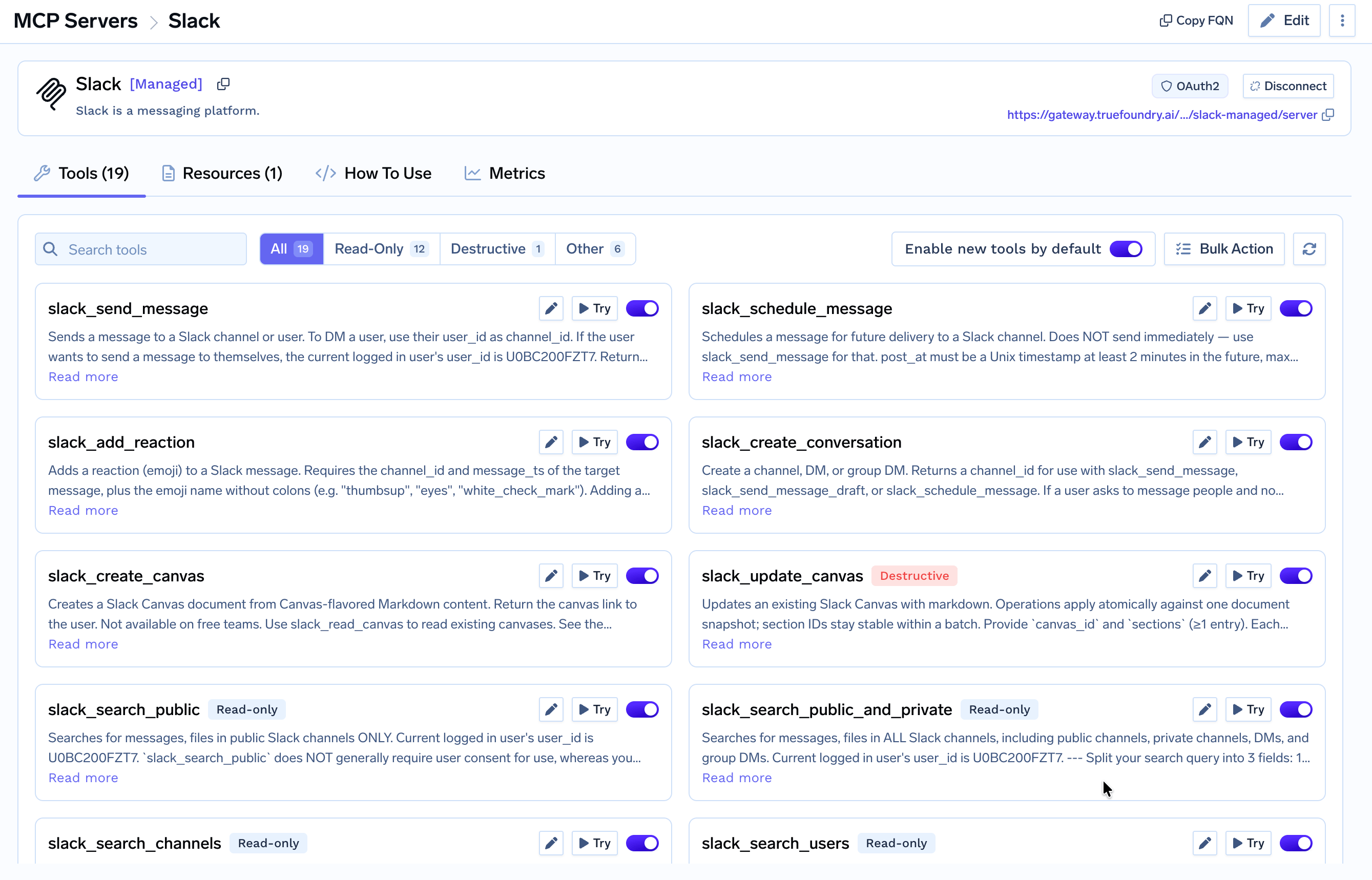 Slack Tools tab populated with the available tools after a successful OAuth2 connection, each labeled Read-only or Destructive