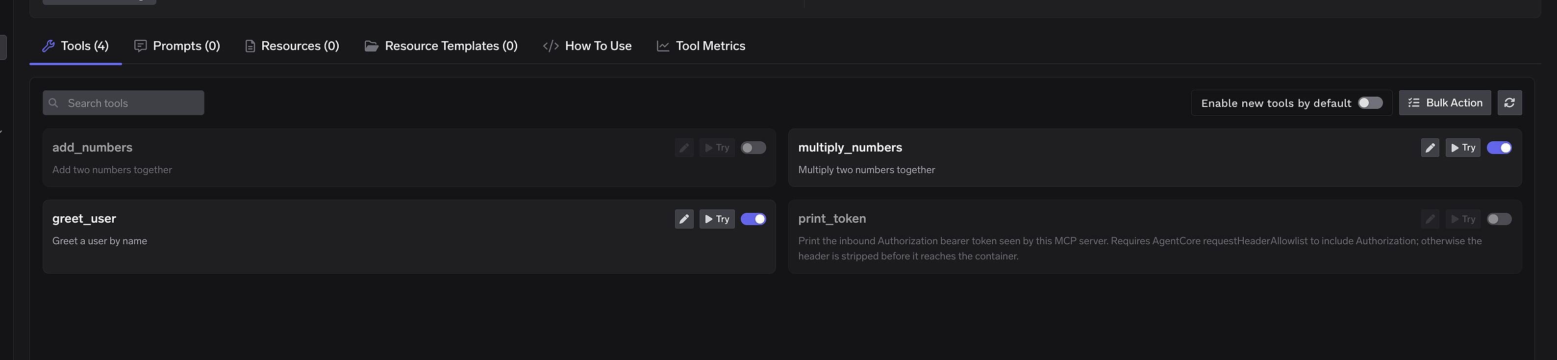 Tools tab after bulk save with Enable new tools by default off and two tools enabled