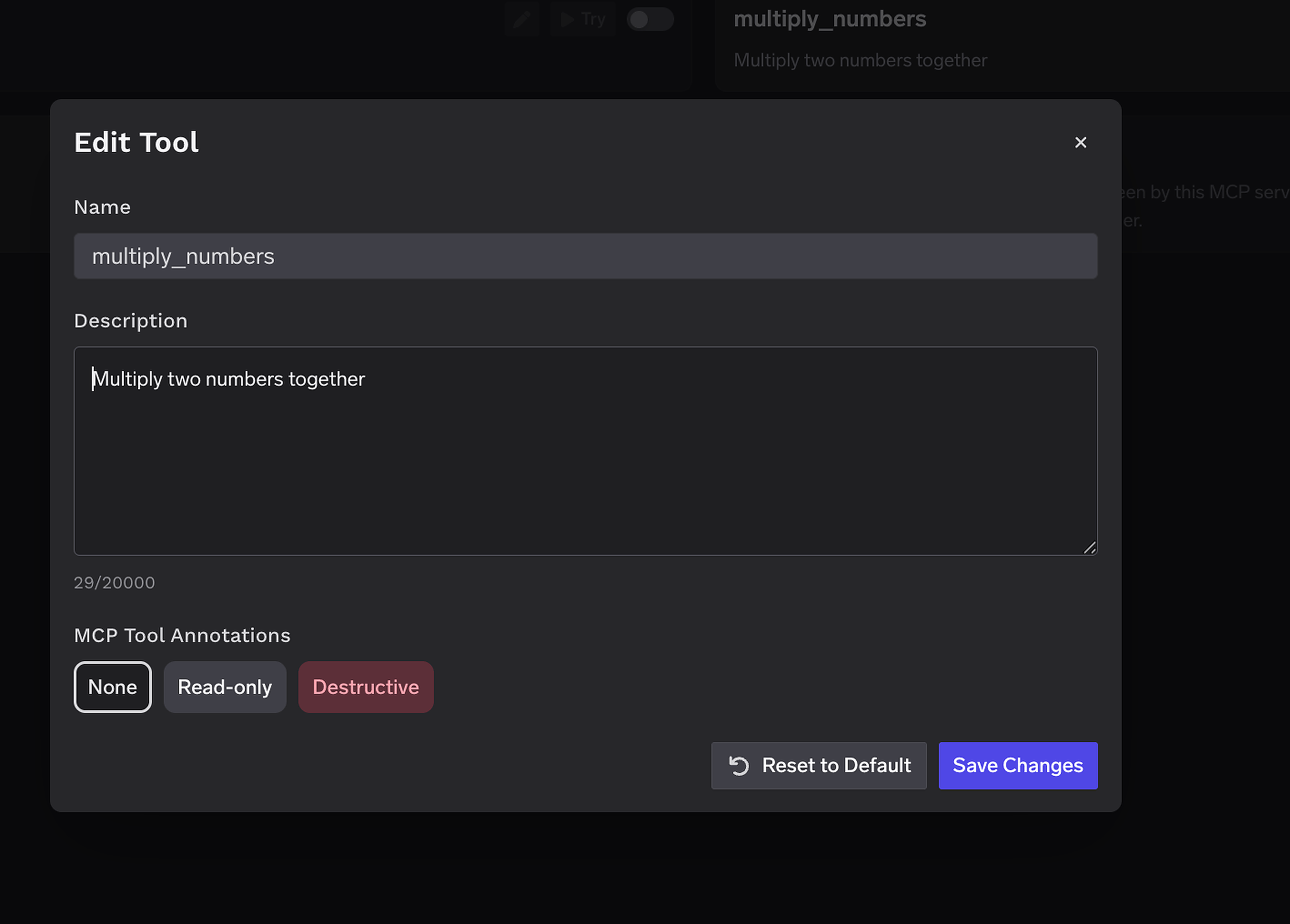 Edit Tool modal with description field and MCP Tool Annotations selector
