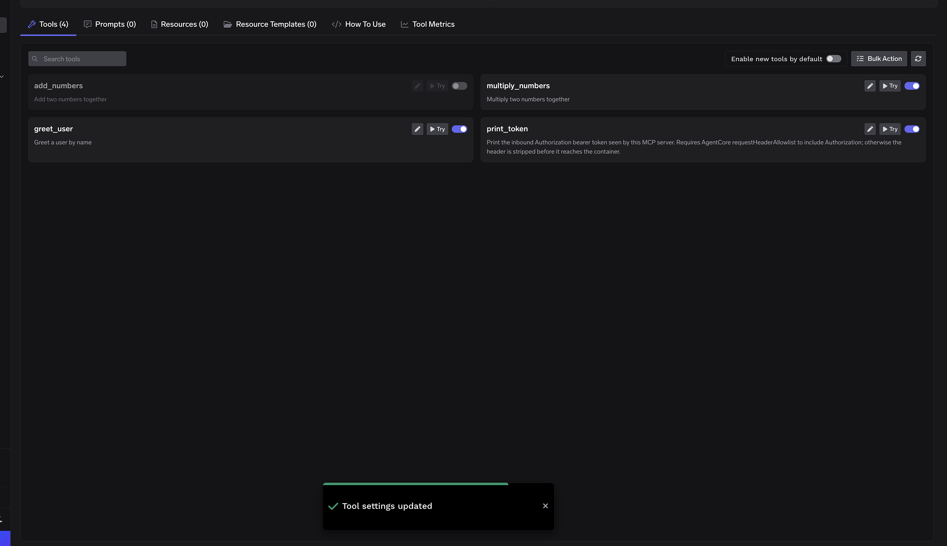 Tool settings updated toast after saving changes with one tool disabled